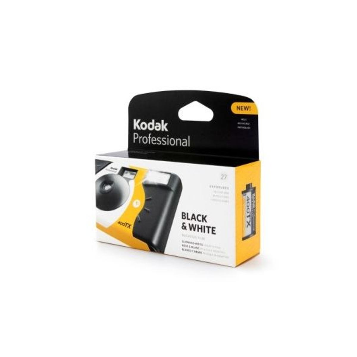 Paquete de película blanco y negro Kodak Professional con cámara desechable y rollo de película.