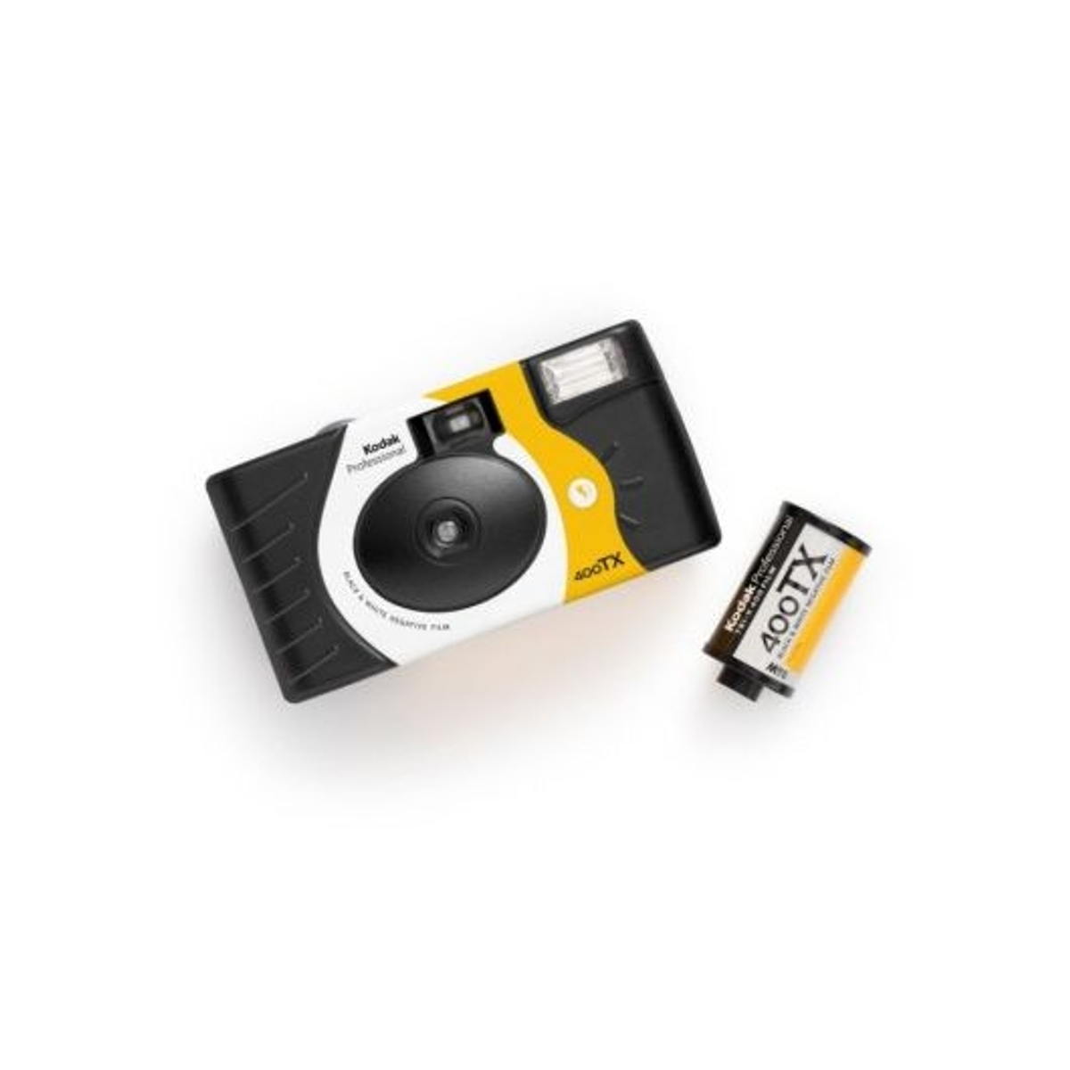 Una cámara desechable Kodak negra con detalles amarillos y un rollo de película.