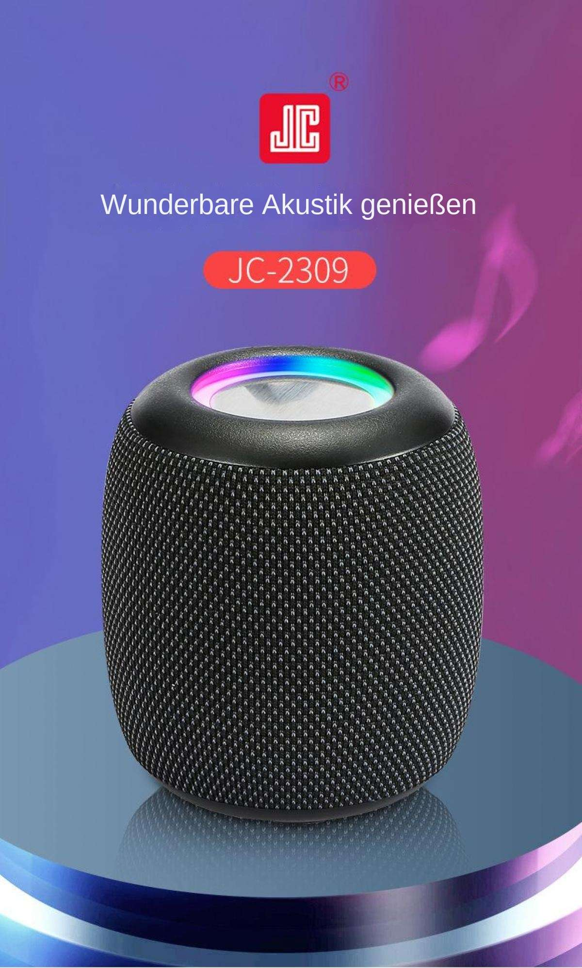 Schwarzer Lautsprecher mit farbiger LED-Beleuchtung auf dem JC-2309-Logo.
