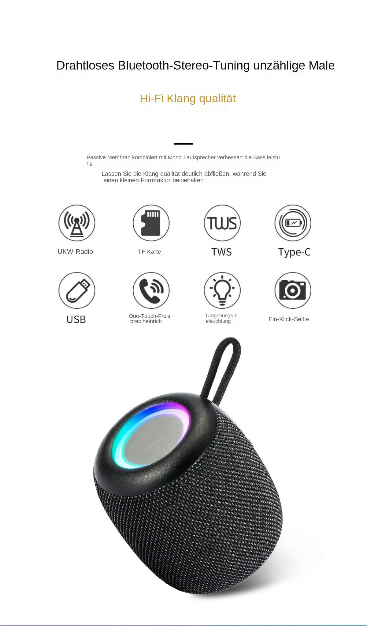 Schwarzer tragbarer Lautsprecher mit buntem LED-Ring, zeigt Symbole für Radio, TF-Karte, TWS, Typ-C, USB, Anruf, Licht, Selfie.