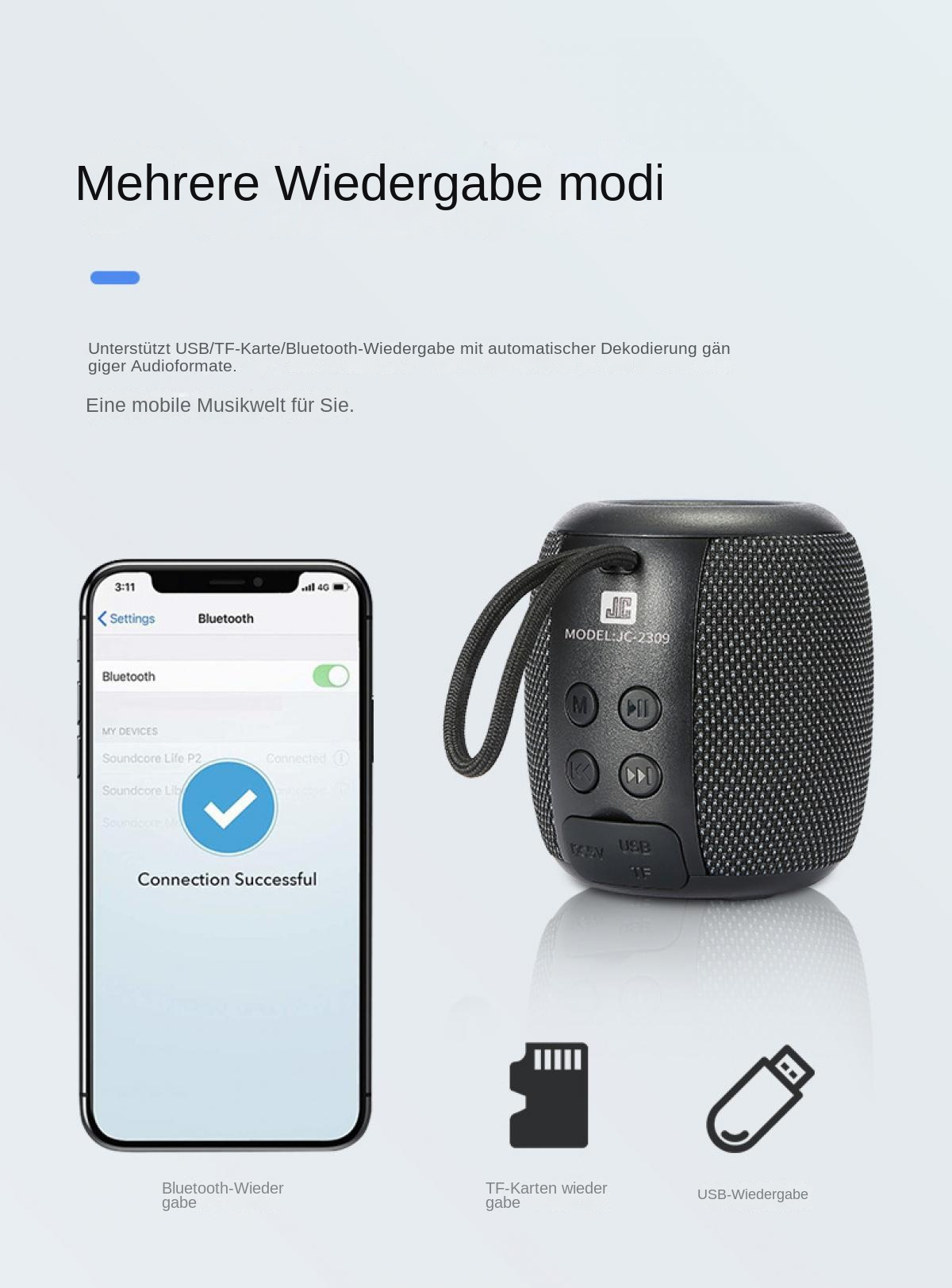 Schwarzer Bluetooth-Lautsprecher mit Handy, das erfolgreiche Verbindung anzeigt.