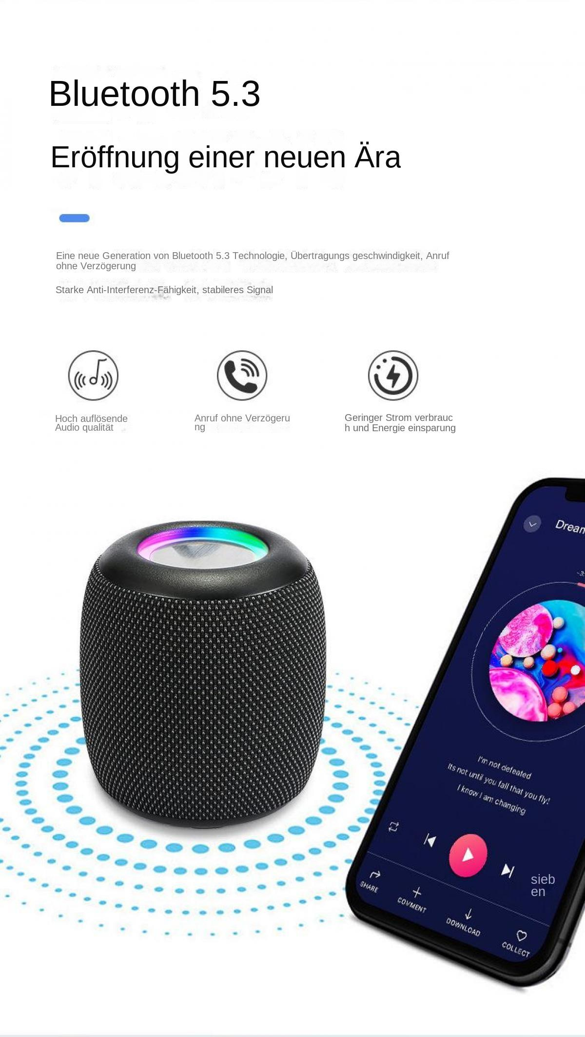 Schwarzer Bluetooth-Lautsprecher mit buntem Oberteil, neben einem Handy, das Musik spielt.