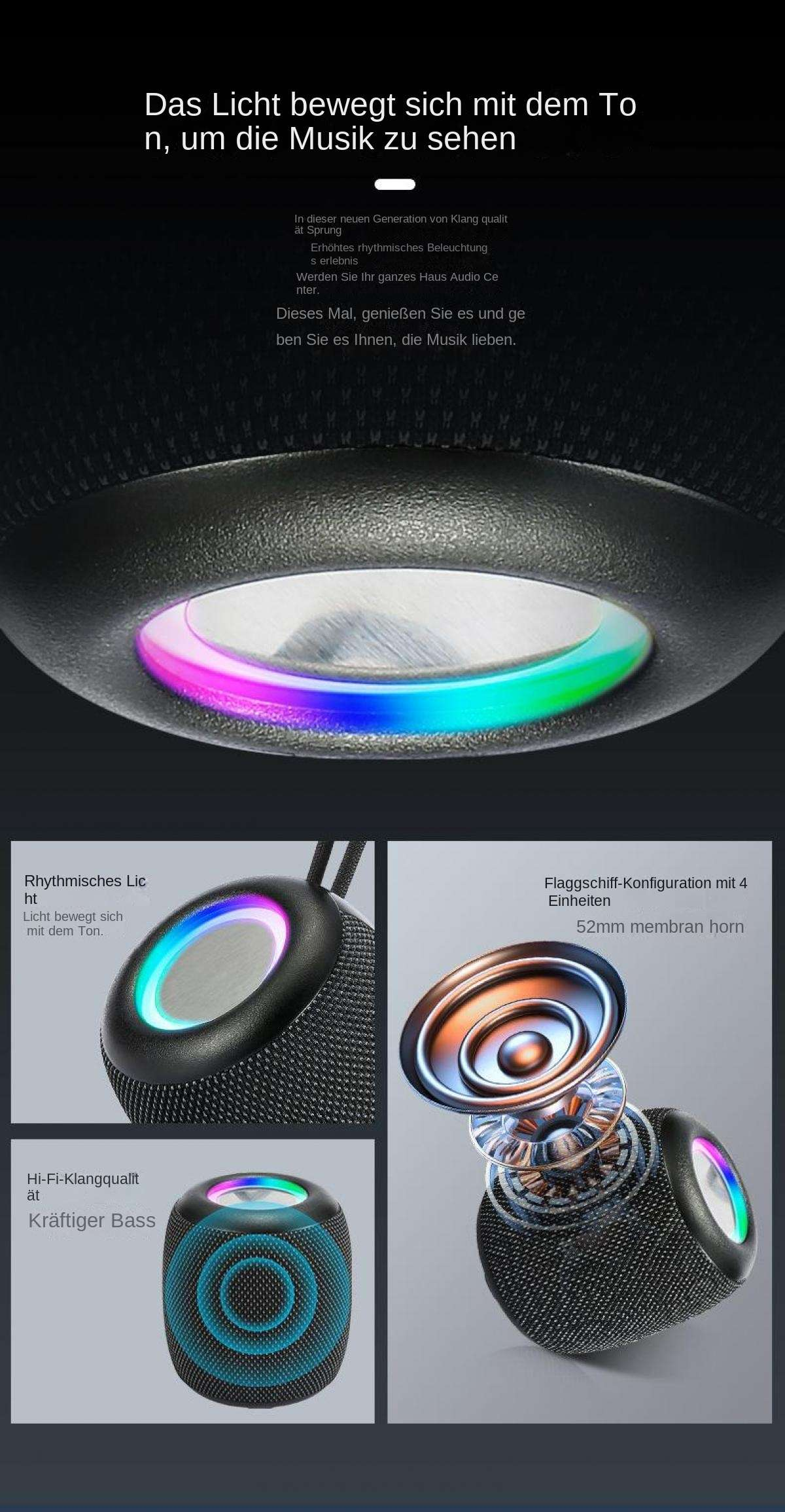 Ein schwarzer Lautsprecher mit pulsierendem RGB-Licht und Details zu Klang und Horn.