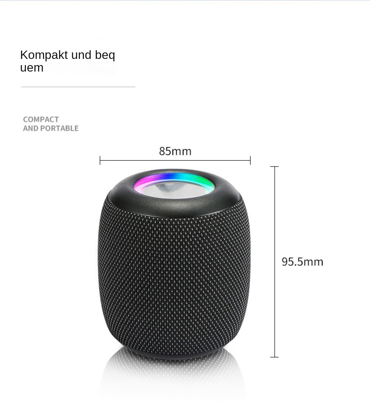 Ein schwarzer Lautsprecher mit RGB-Beleuchtung, 85 mm breit und 95,5 mm hoch.