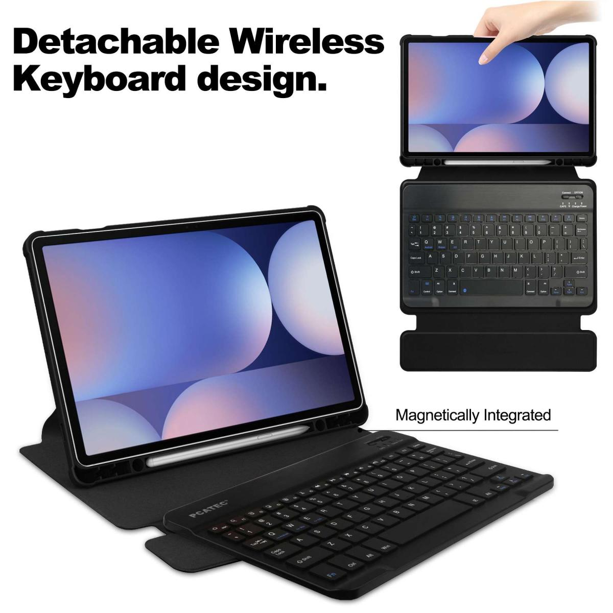 Ein Tablet mit abnehmbarer Tastatur und Stift, das magnetisch befestigt wird.