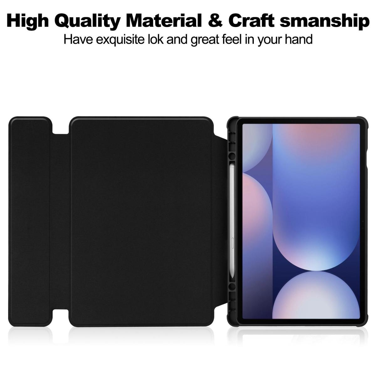 Ein schwarzes Tablet mit Stifthalter und geöffneter Hülle daneben.