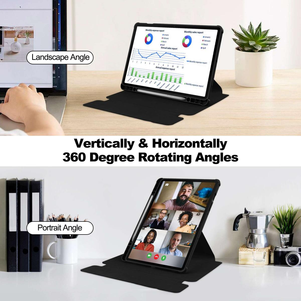 Ein Tablet in der Landschafts- und Porträtaufnahme mit Diagrammen und Videokonferenzen.