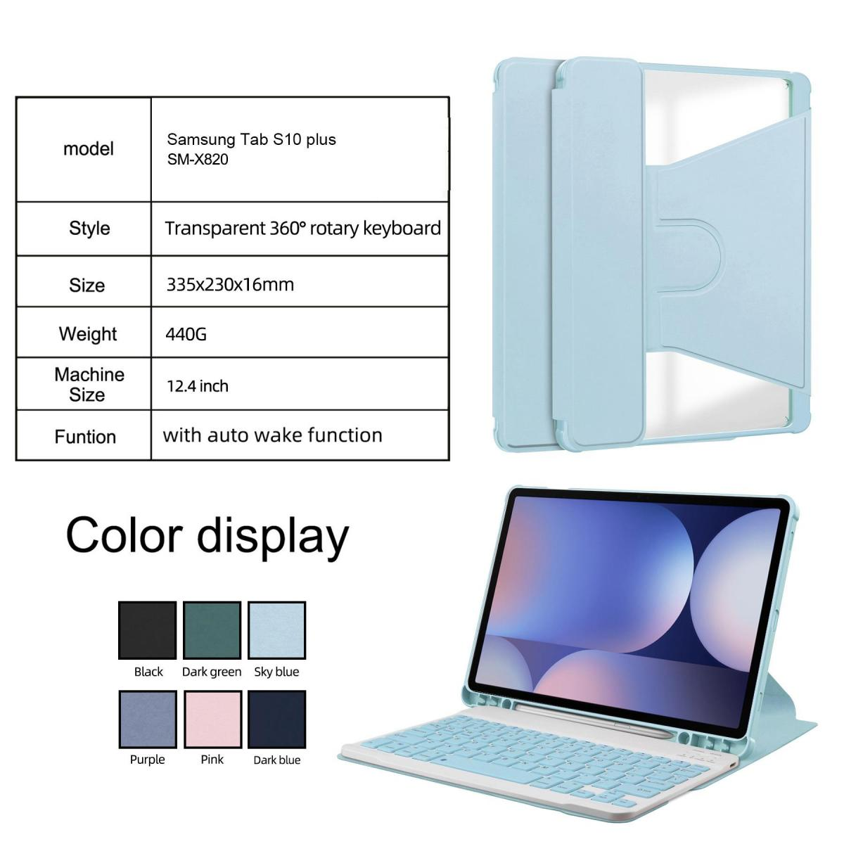 Samsung Tab S10 plus mit drehbarer Tastatur, verschiedene Farben.