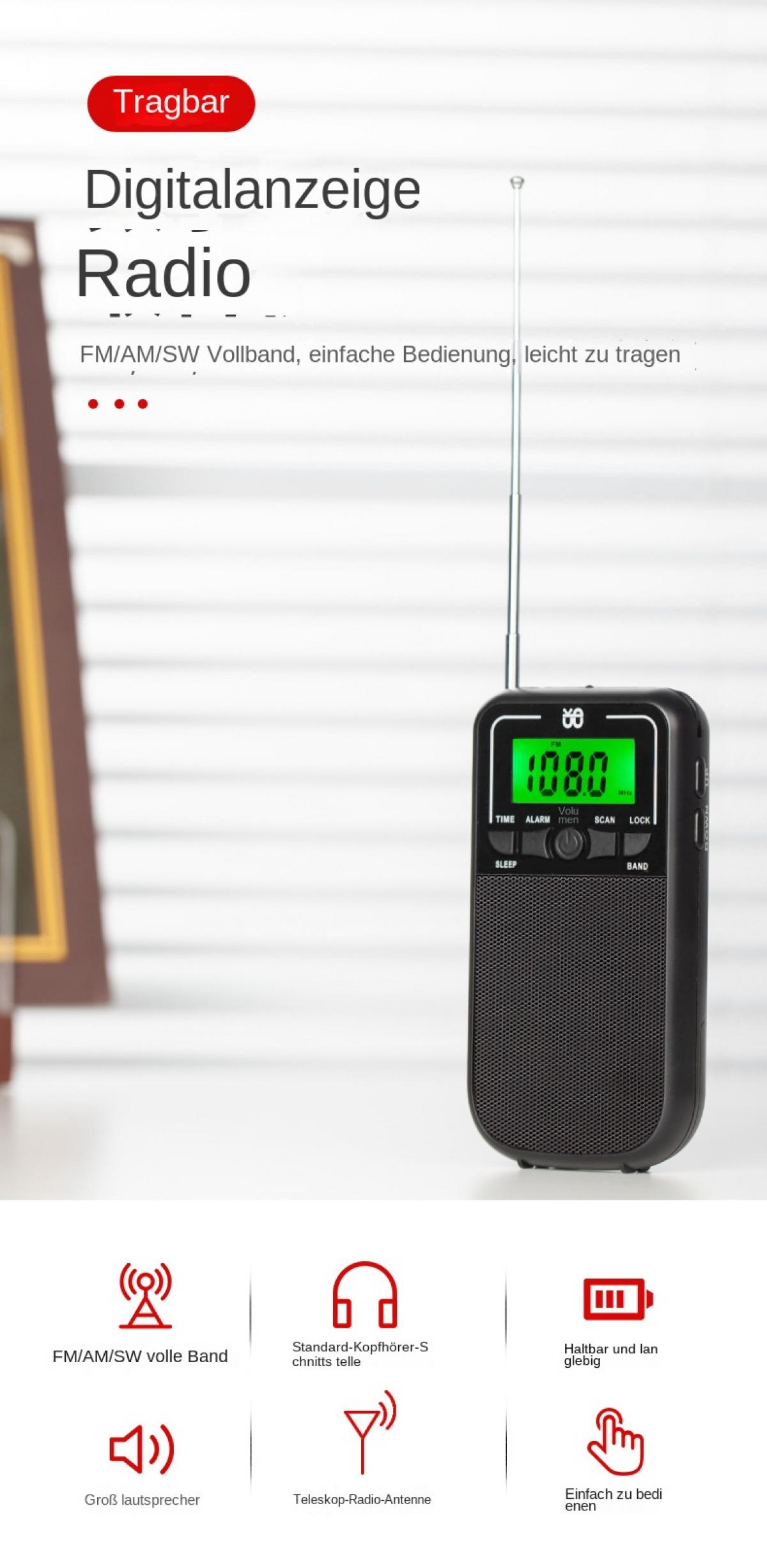 Tragbares Digitalradio mit FM/AM/SW, 1080 Anzeige und Teleskopantenne.
