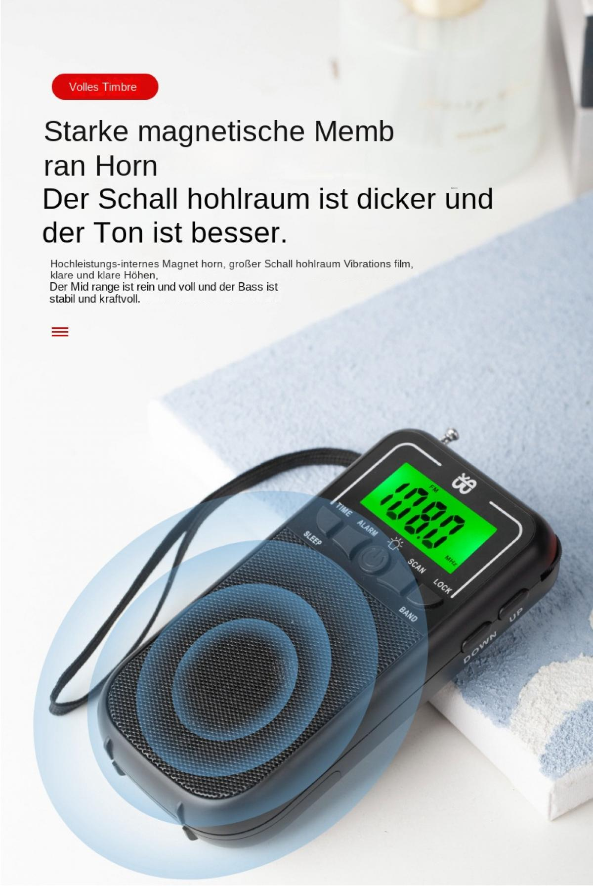 Ein schwarzer tragbarer Radio mit grünem Display, das 108.0 anzeigt.
