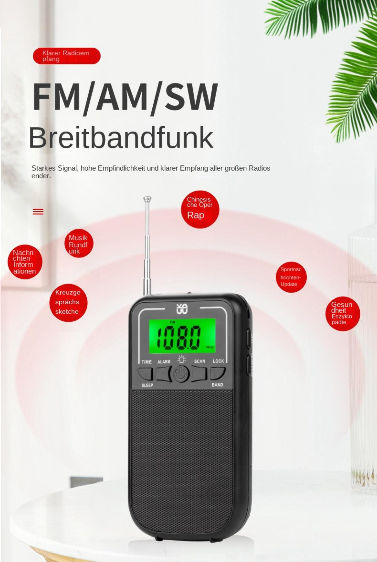 Ein schwarzes Radio mit FM/AM/SW-Empfang und einem grünen Display.