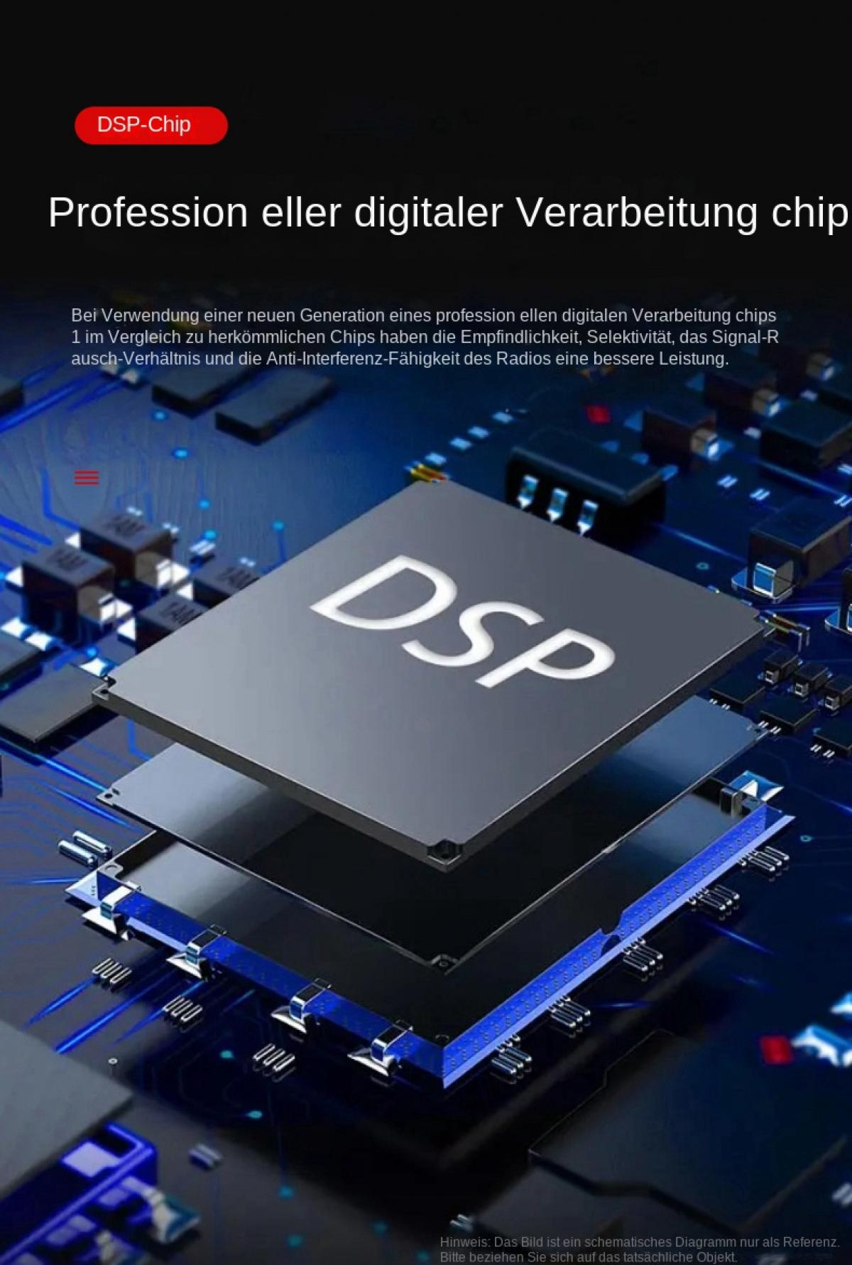 Ein schwebender schwarzer Chip mit der Aufschrift "DSP" über einer blauen Leiterplatte.