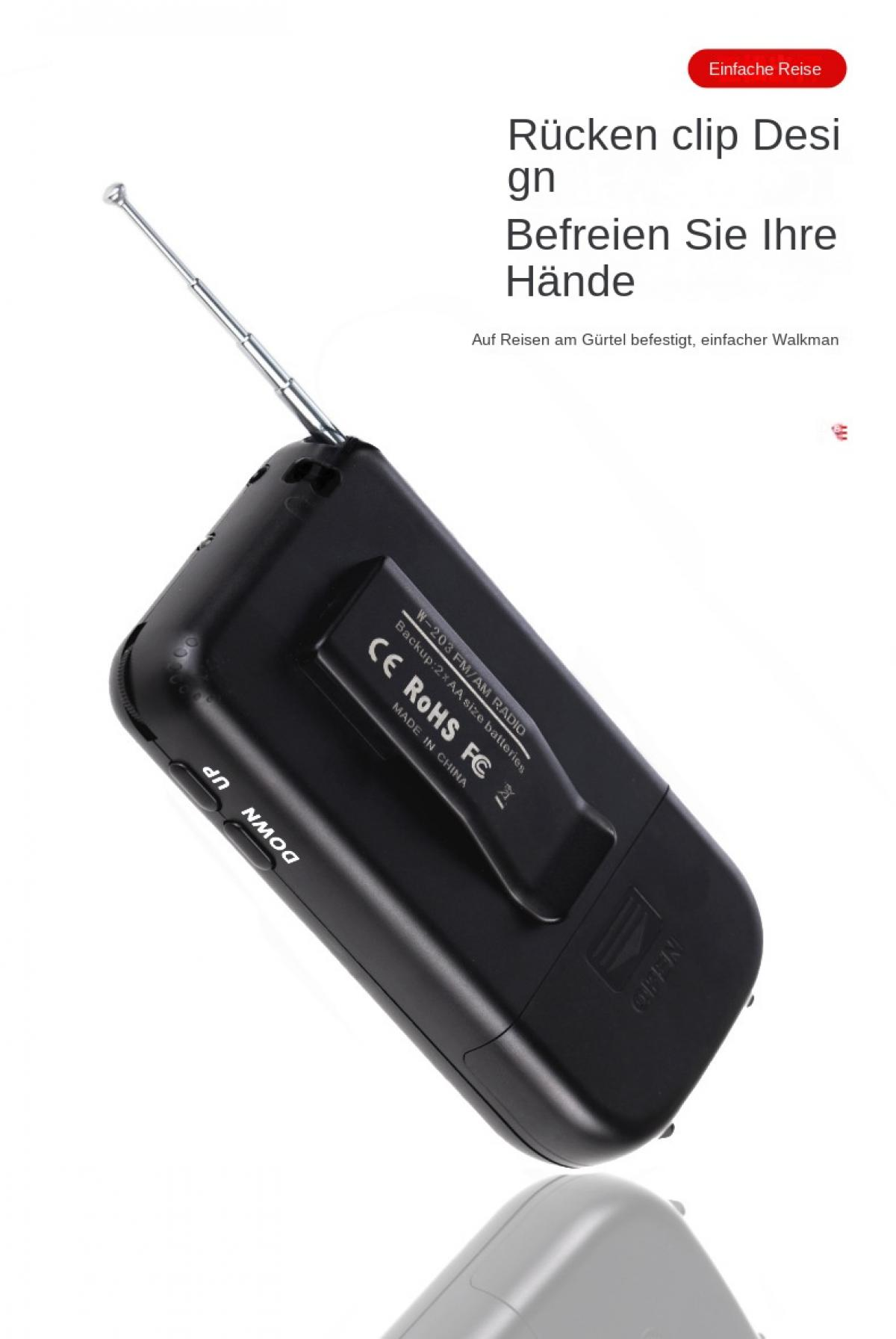 Schwarzes FM/AM Radio mit Clip, ausziehbarer Antenne, Tasten 'Down' und 'Up'.