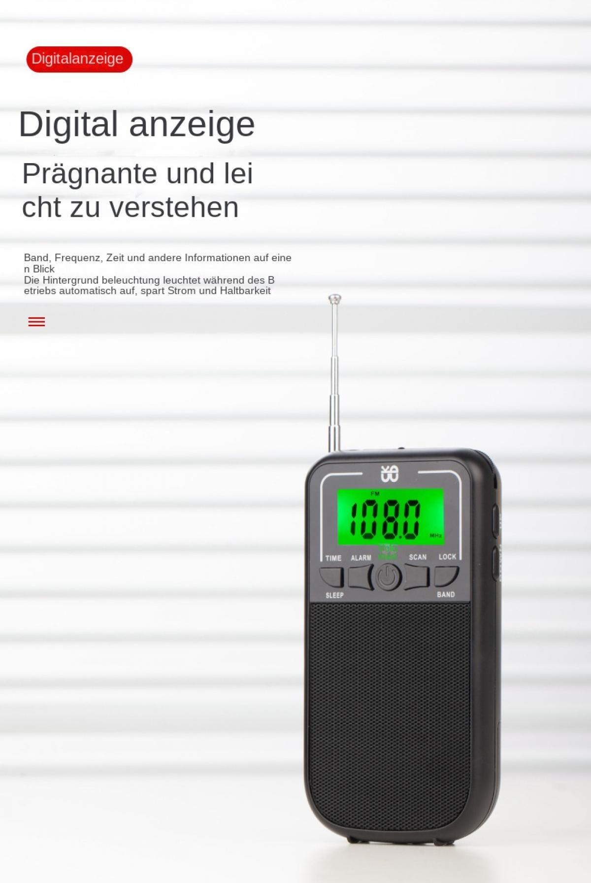 Ein schwarzes Digitalradio mit ausklappbarer Antenne und grüner Anzeige.