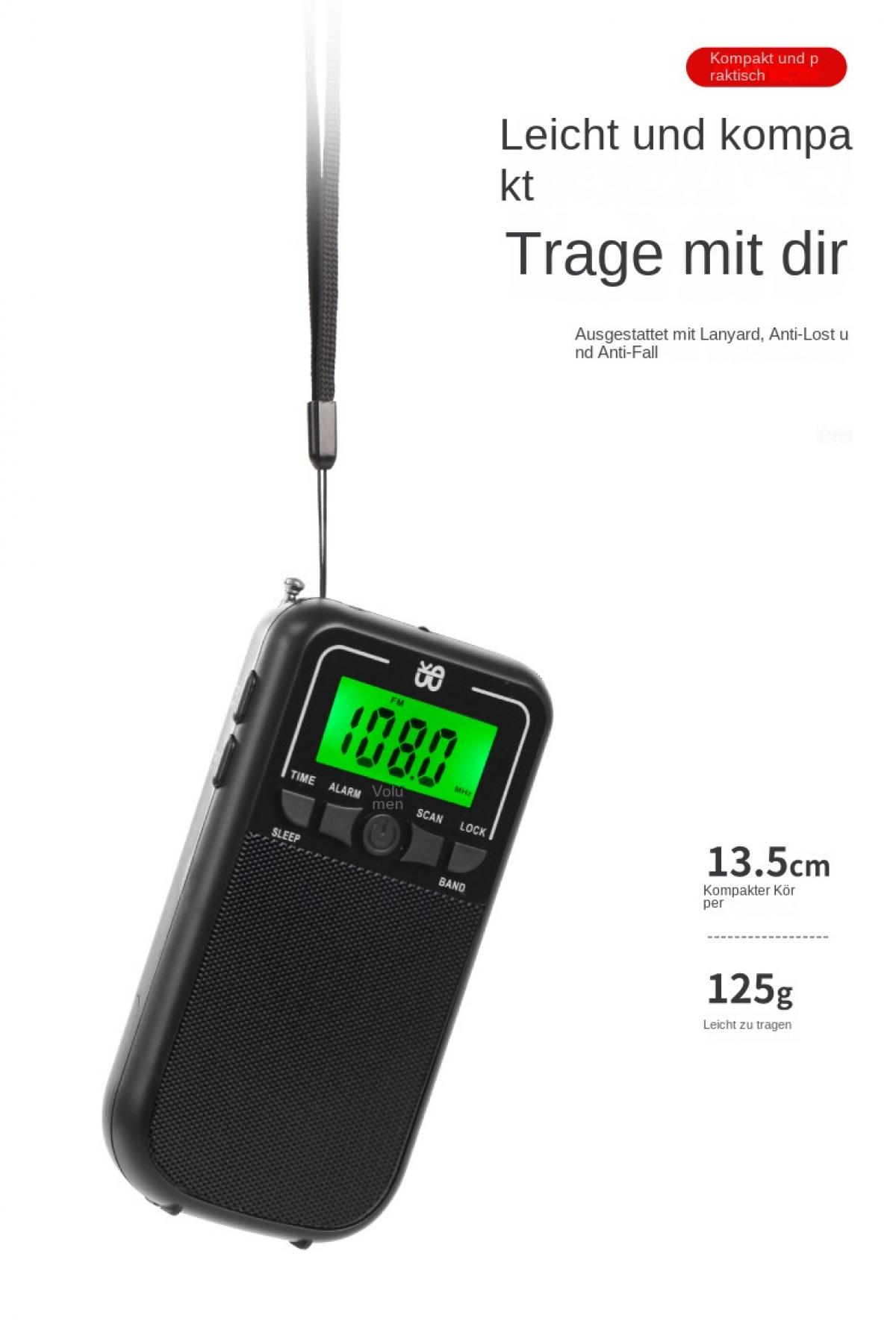 Schwarzes Radio mit grünem Display, das 108.0 anzeigt. Mit Lanyard.