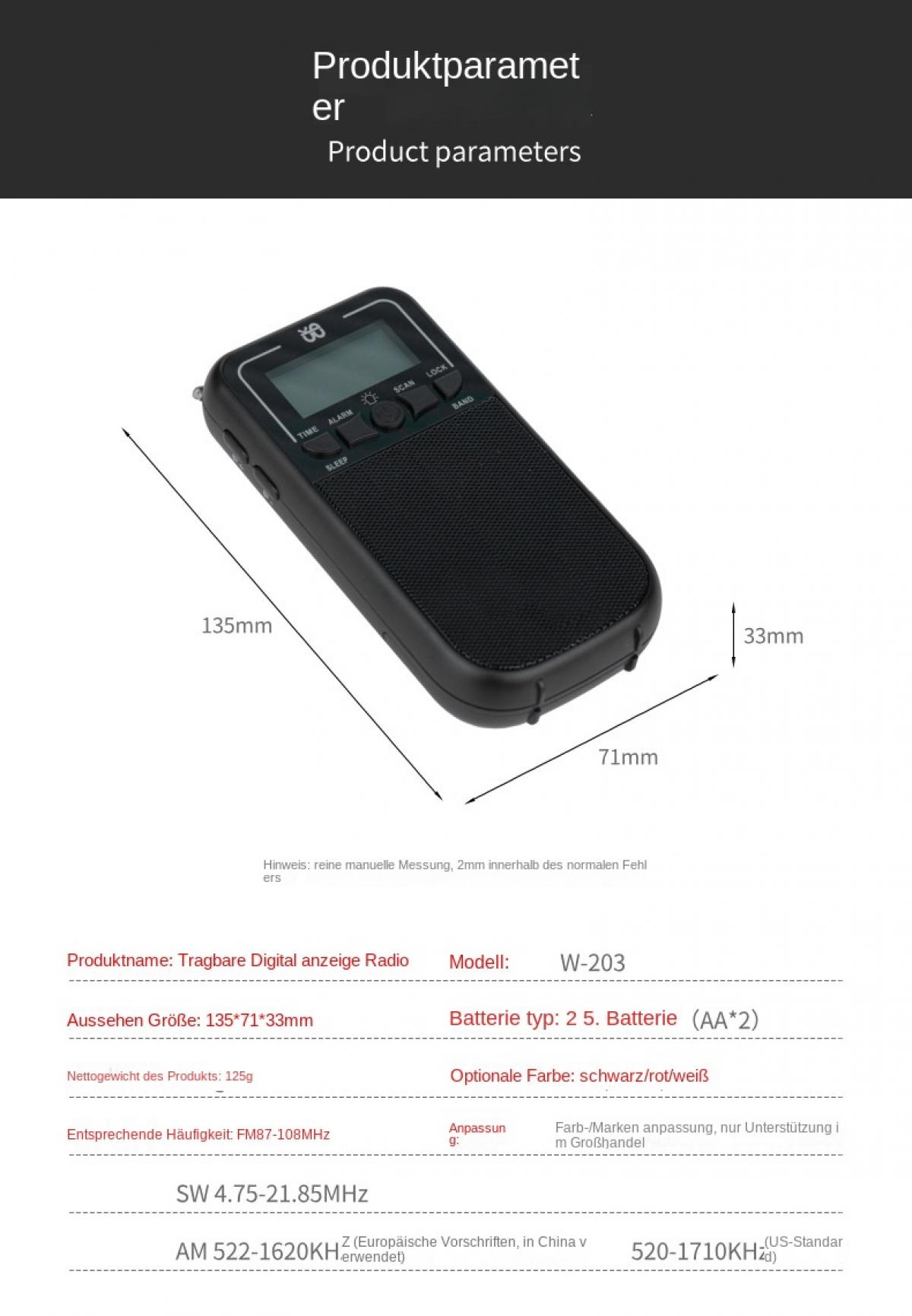 Schwarzes tragbares Digitalradio mit Tasten und LCD-Bildschirm, Maße 135x71x33mm.
