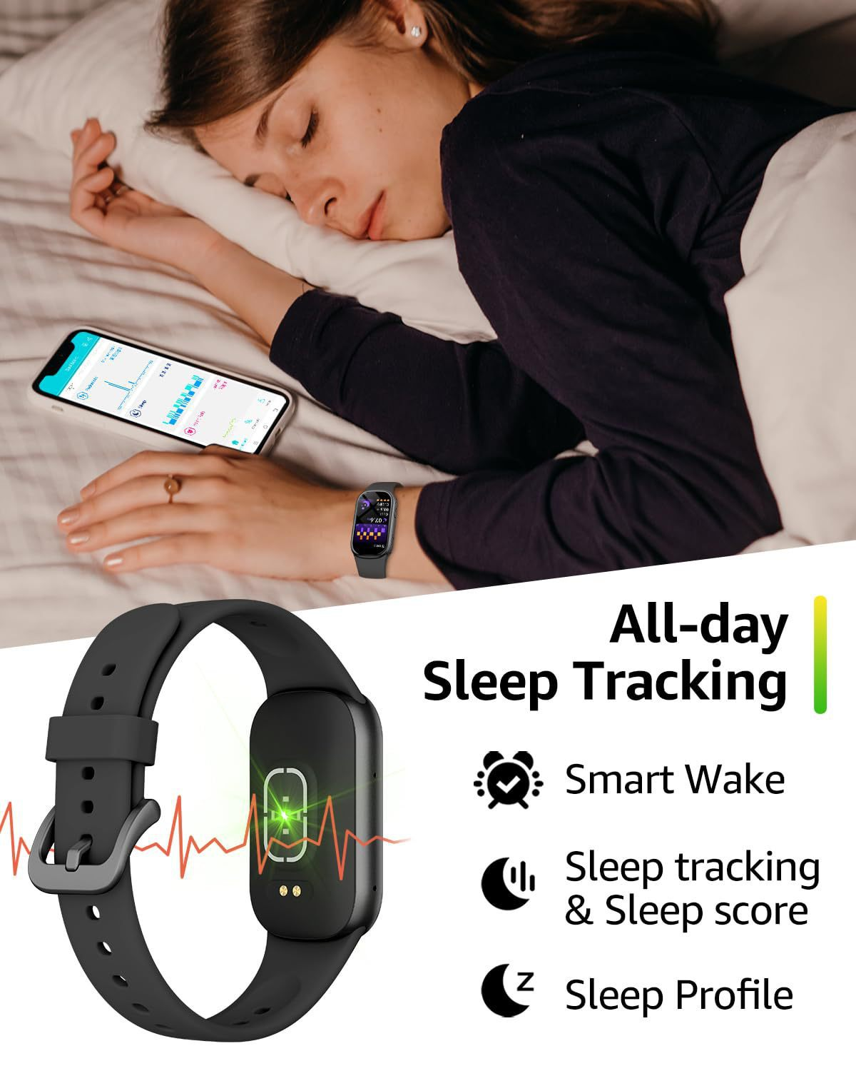 Frau schläft, neben ihr Handy und Smartwatch mit Schlaf-Tracking-Infos.