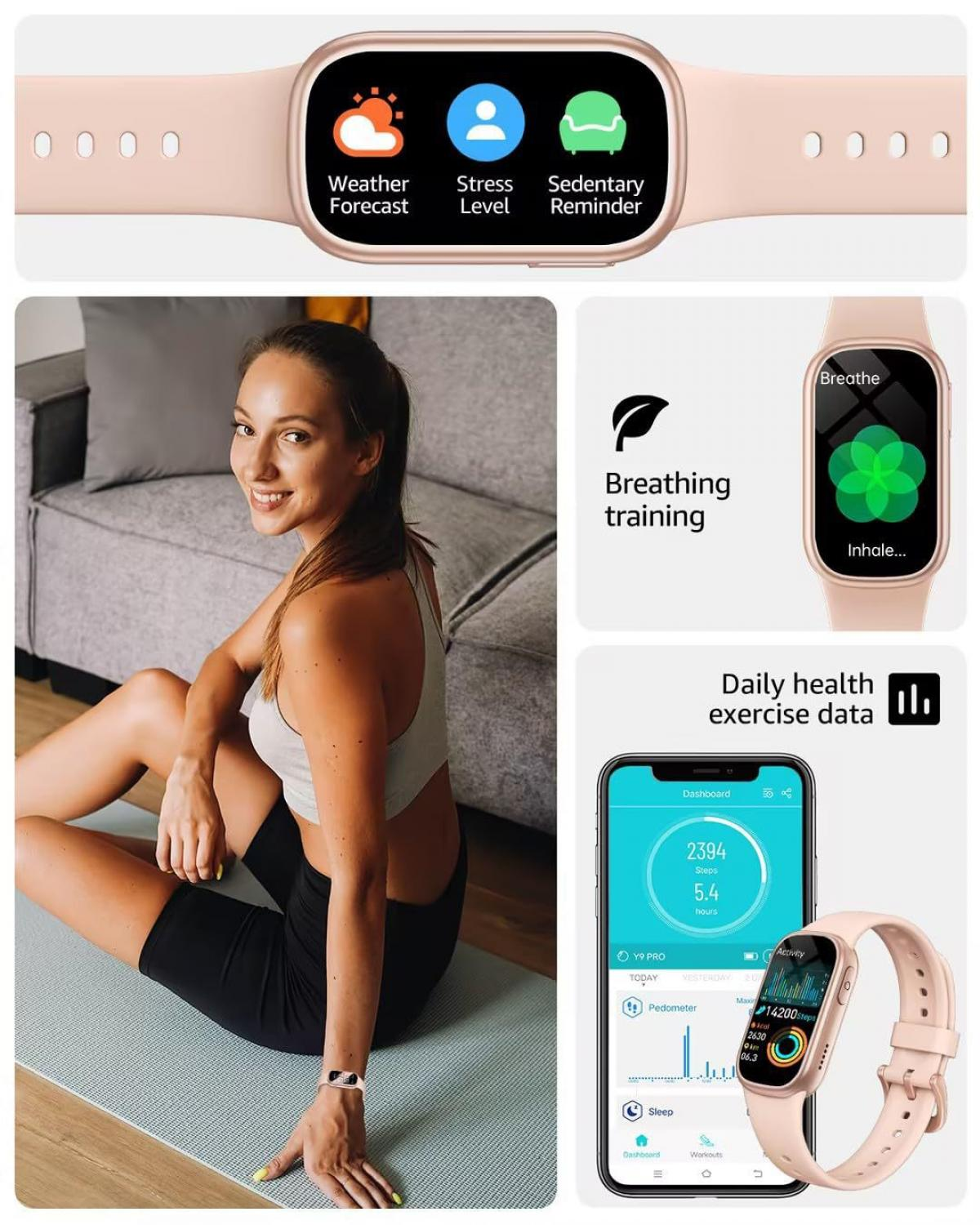 Eine Frau macht Yoga neben einem Smartwatch-Display mit Gesundheitsdaten.