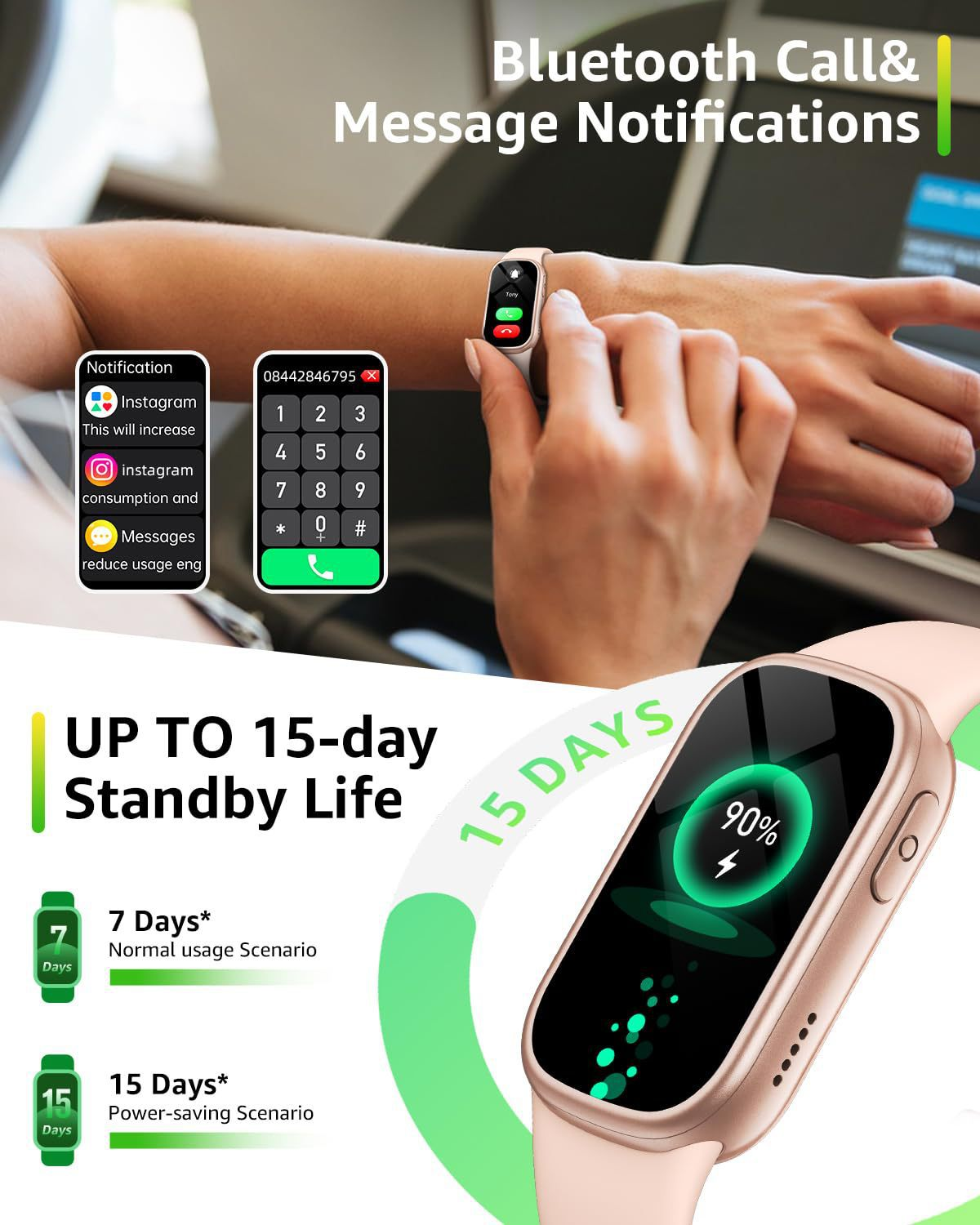 Eine Hand trägt eine rosafarbene Smartwatch mit Benachrichtigungen.