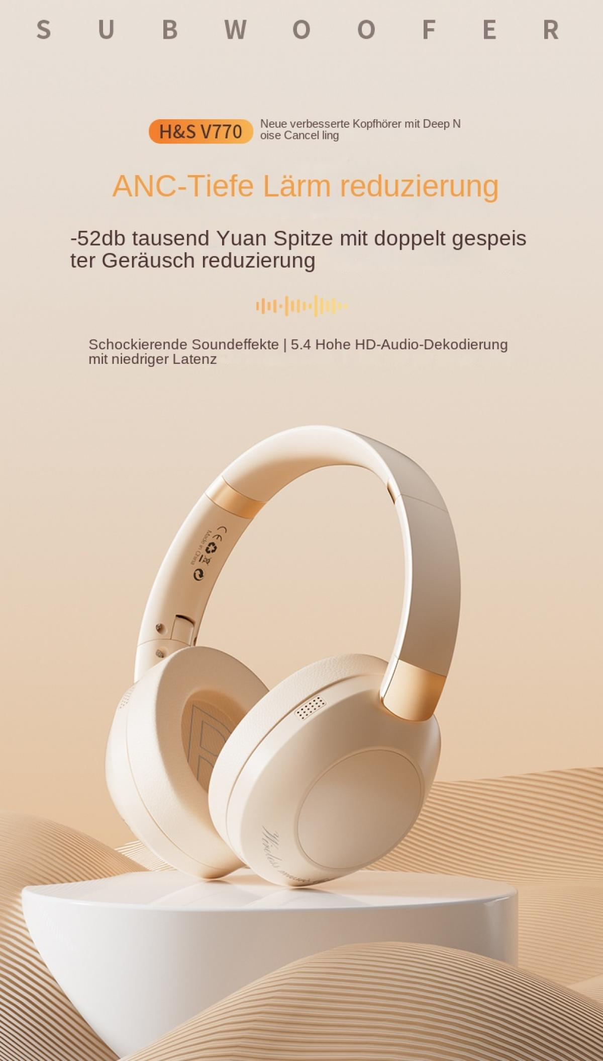 Beige Kopfhörer mit ANC-Technologie auf einem Sockel, Wellen im Hintergrund.