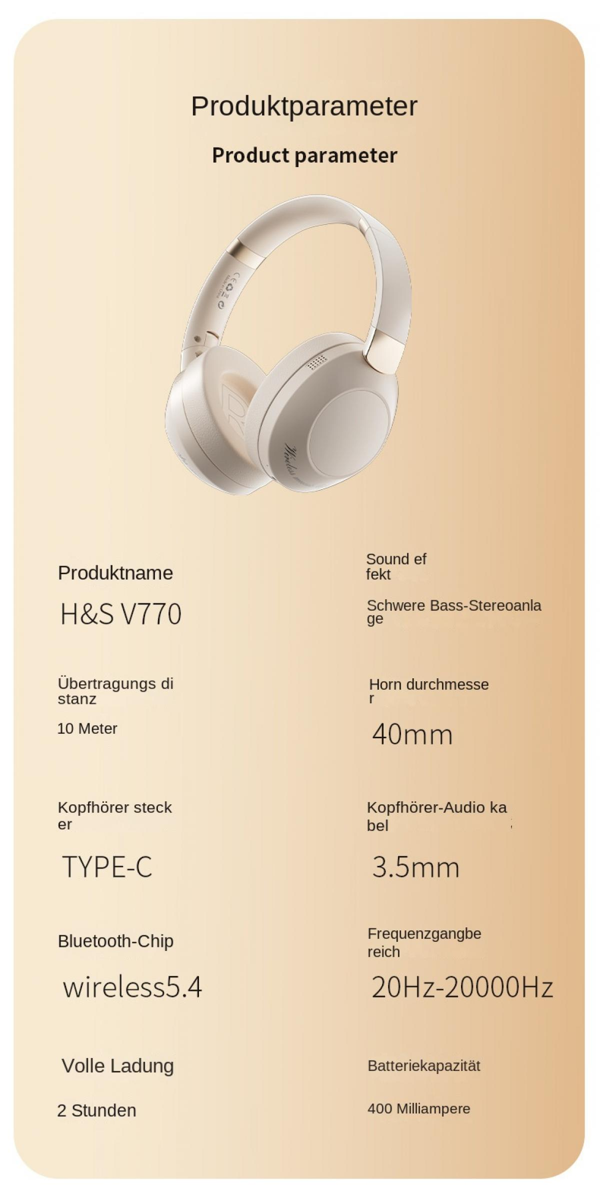 Helle Kopfhörer mit Produktparametern wie Modell H&S V770, 10m Reichweite, Typ-C, Wireless 5.4, 40mm.