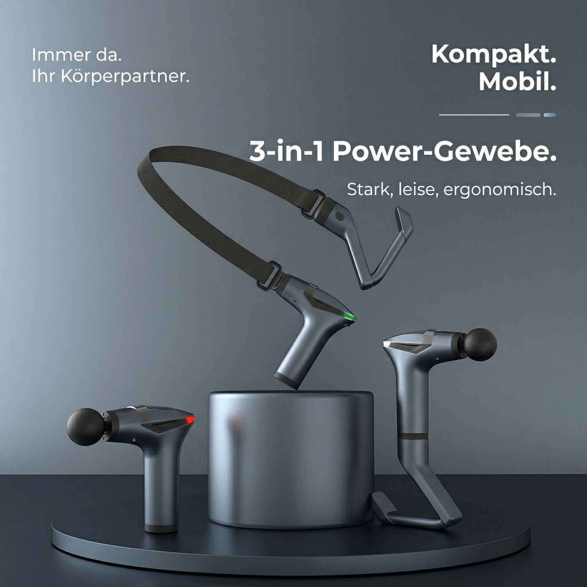 Drei Massagepistolen in Grau- und Schwarztönen auf dunklem Hintergrund.