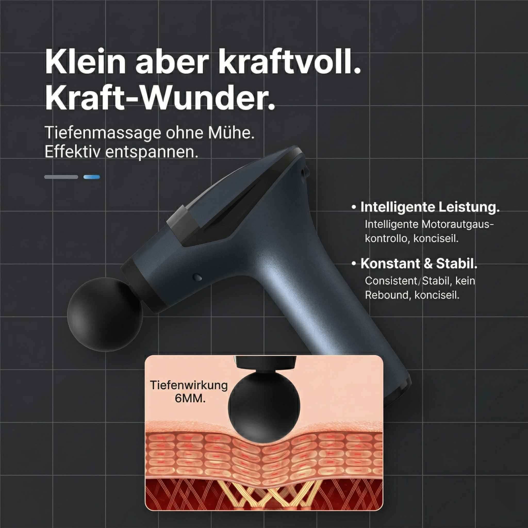 Ein Massagegerät mit Ballaufsatz auf dunklem Hintergrund, zeigt Muskelschichten.