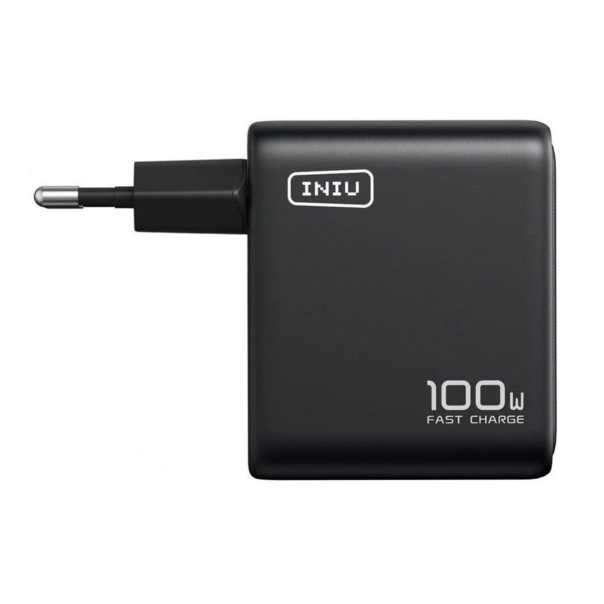 Adaptador de carga rápida INIU negro de 100W con un pin plateado.
