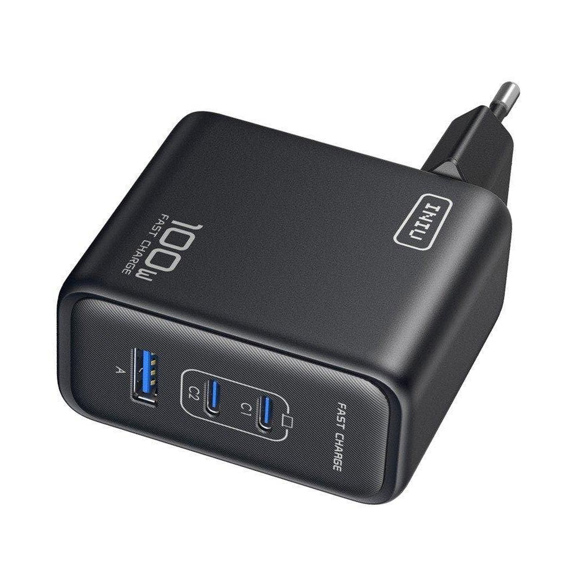 Adaptador de carga rápida negro de 100W con USB-A y dos puertos USB-C.