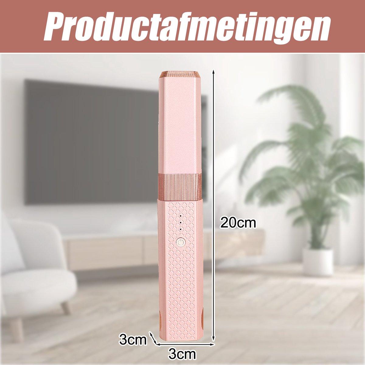 Ein rosafarbenes, sechseckiges Gerät mit Maßen 20x3x3cm steht vor einem unscharfen Wohnzimmer.