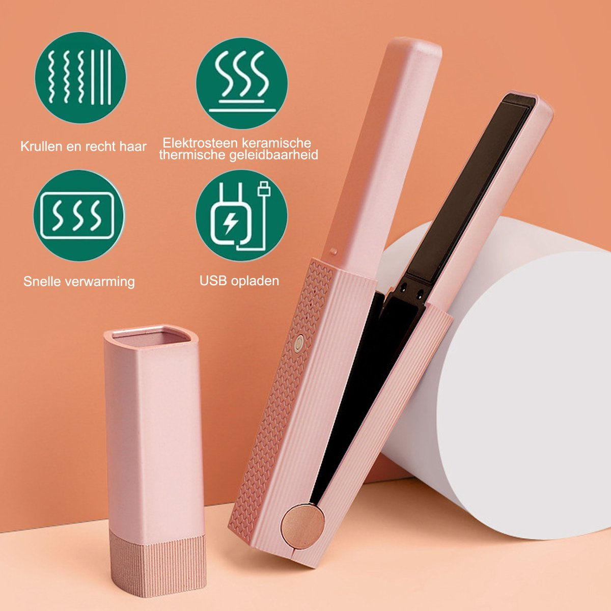Ein rosa Haarglätter mit Symbolen für Locken/glattes Haar, Keramik, schnelles Aufheizen, USB-Laden.