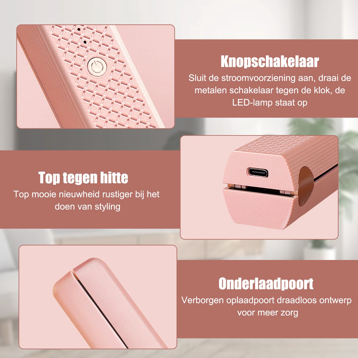 Ein rosafarbener Lockenstab mit Nahaufnahmen von Schaltern, Heizplatten und Ladeanschluss.