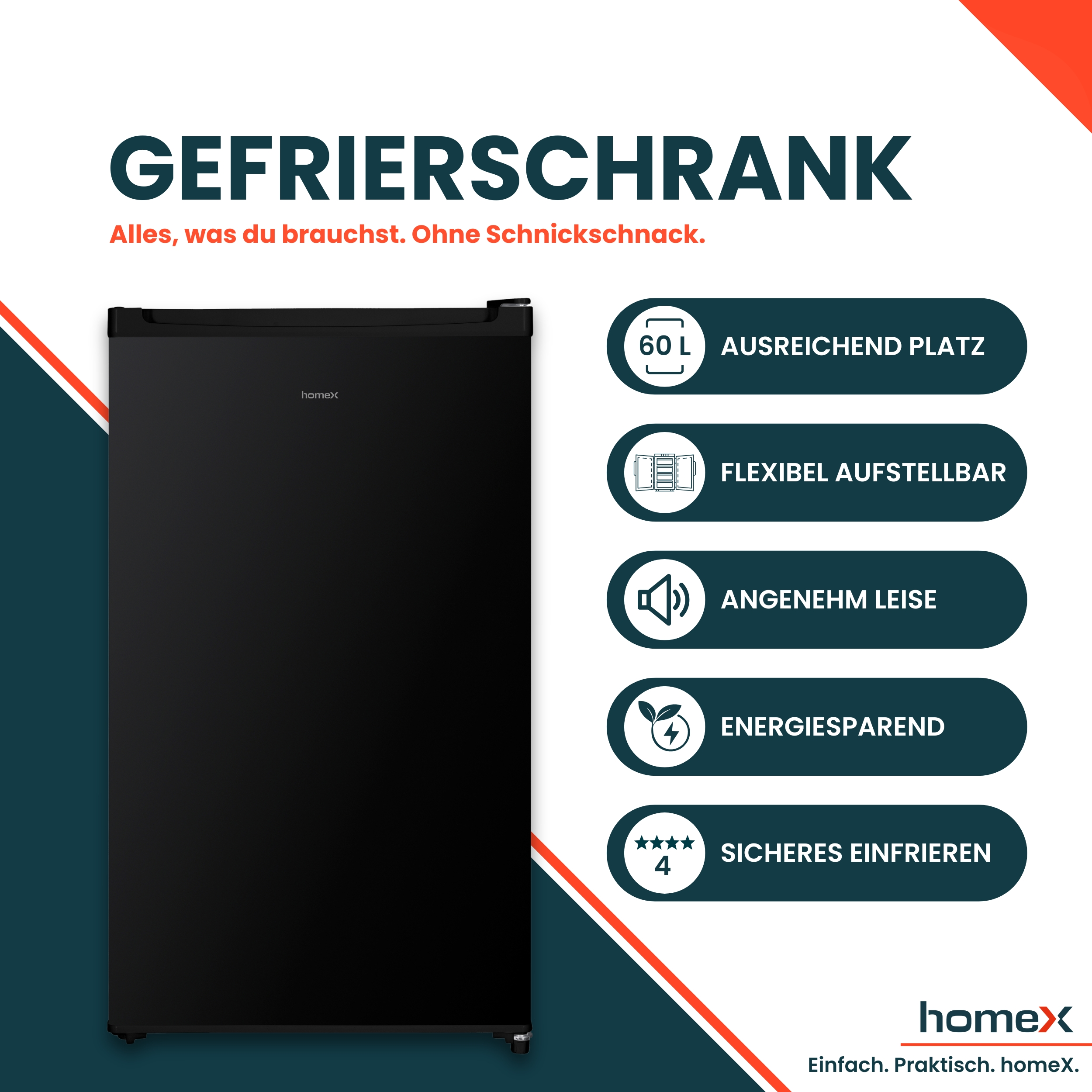 Schwarzer Gefrierschrank mit Homex-Logo, 60L, flexibel, leise, energiesparend.
