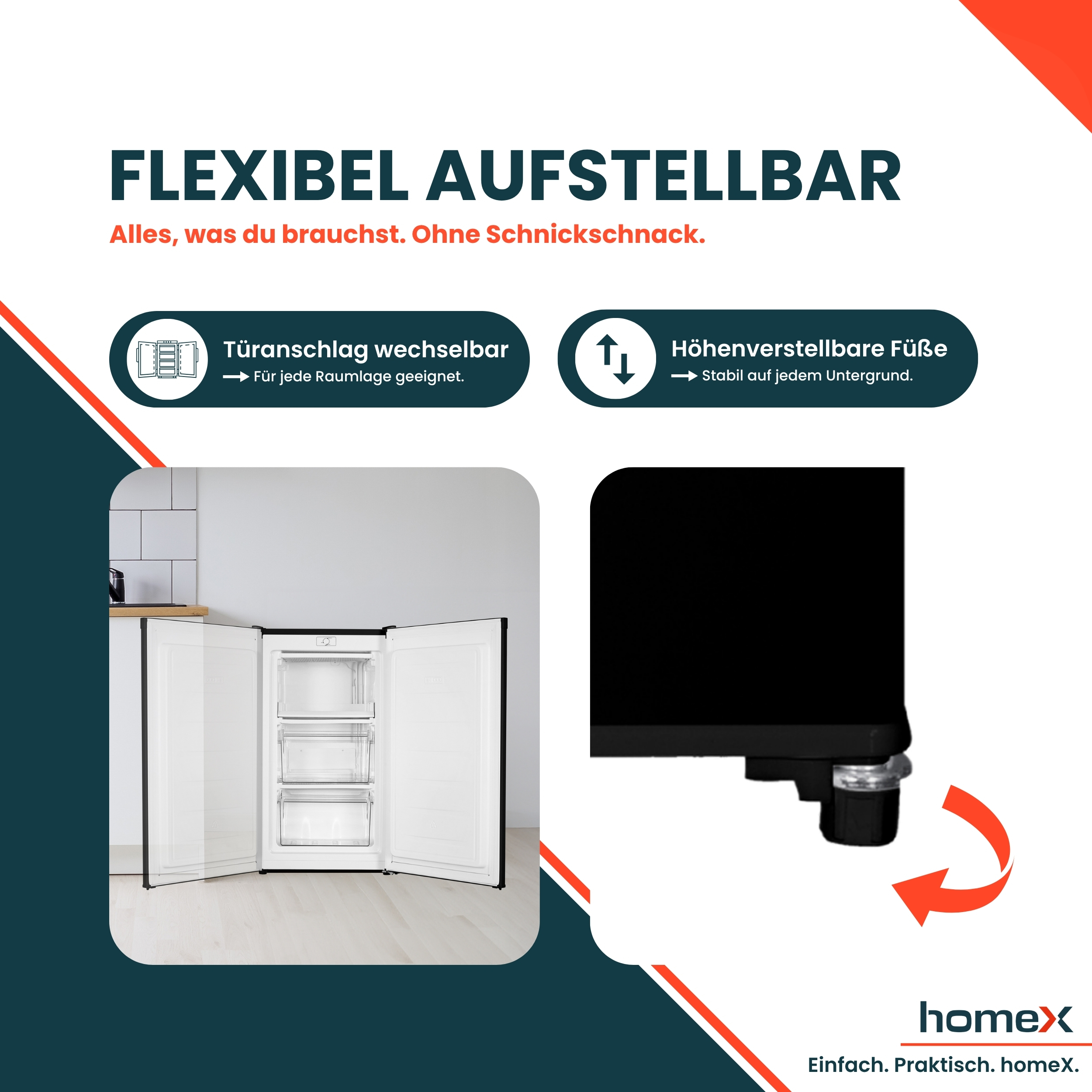 Ein offener weißer Kühlschrank mit durchsichtigen Schubladen und ein schwarzer Kühlschrankfuß.