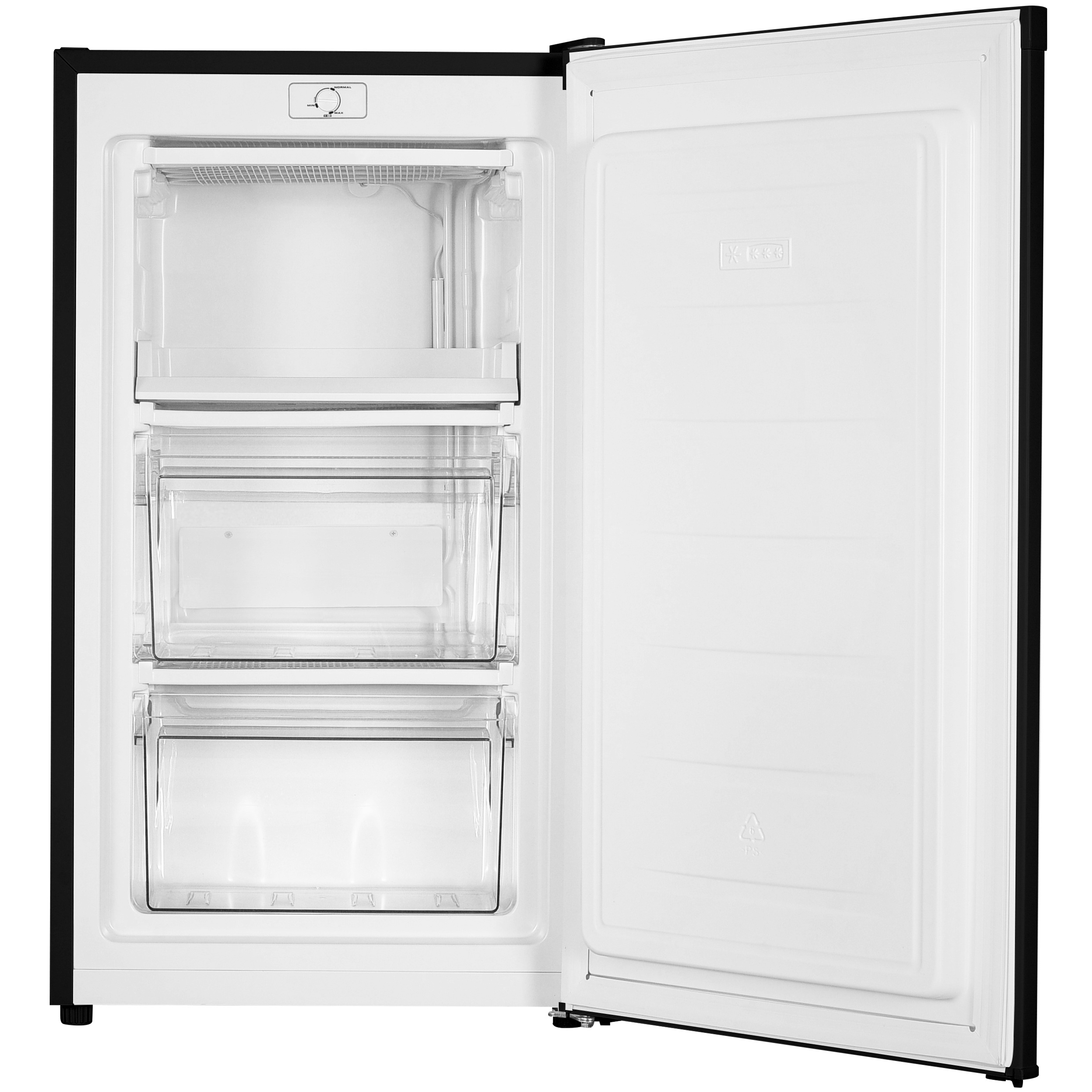 Ein schwarzer Kühlschrank mit offener Tür zeigt weiße Innenfächer und Schubladen.