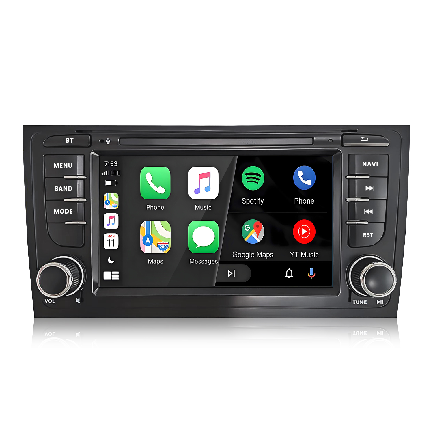 Ein Auto-Infotainment-Bildschirm mit App-Symbolen für Telefon, Musik und Navigation.