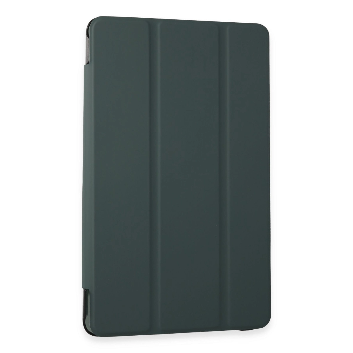 Üç dikey çizgi ve gümüş köşelere sahip koyu gri tablet kılıfı.