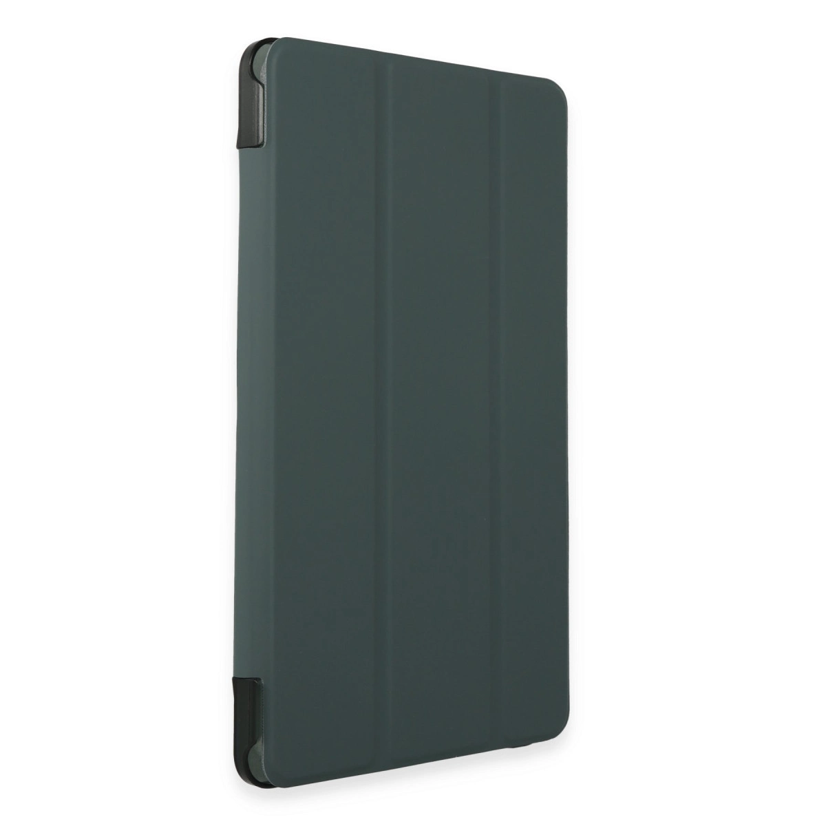 Yan taraftan görünen, katlanmış ön yüzü olan koyu gri tablet kılıfı.