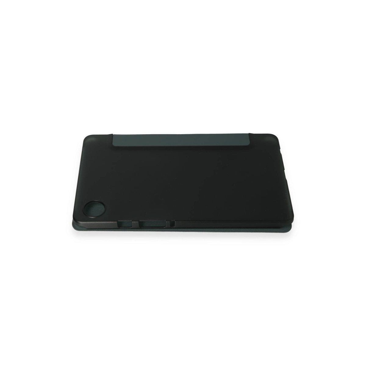 Koyu kapaklı siyah tablet beyaz zemin üzerinde duruyor.