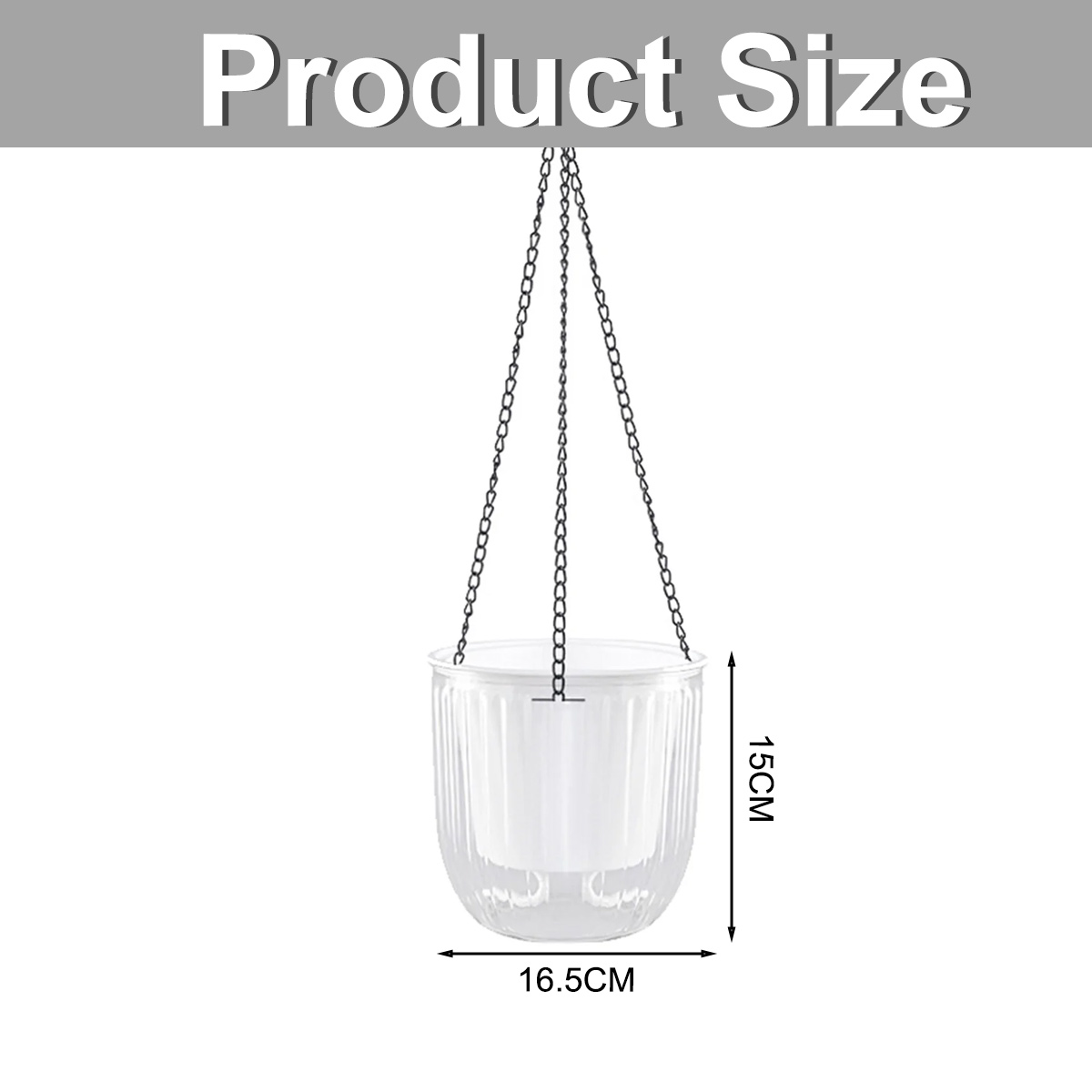 Hängender Pflanzenbehälter aus transparentem Kunststoff, 16,5 cm breit und 15 cm hoch.