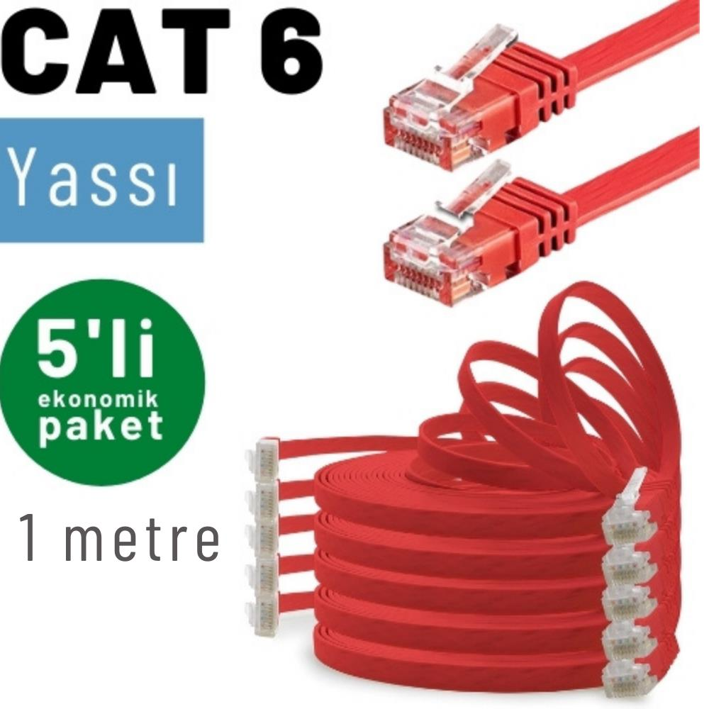 Kırmızı yassı CAT 6 kablolar RJ45 konnektörlü, 1 metre, 5'li paket.