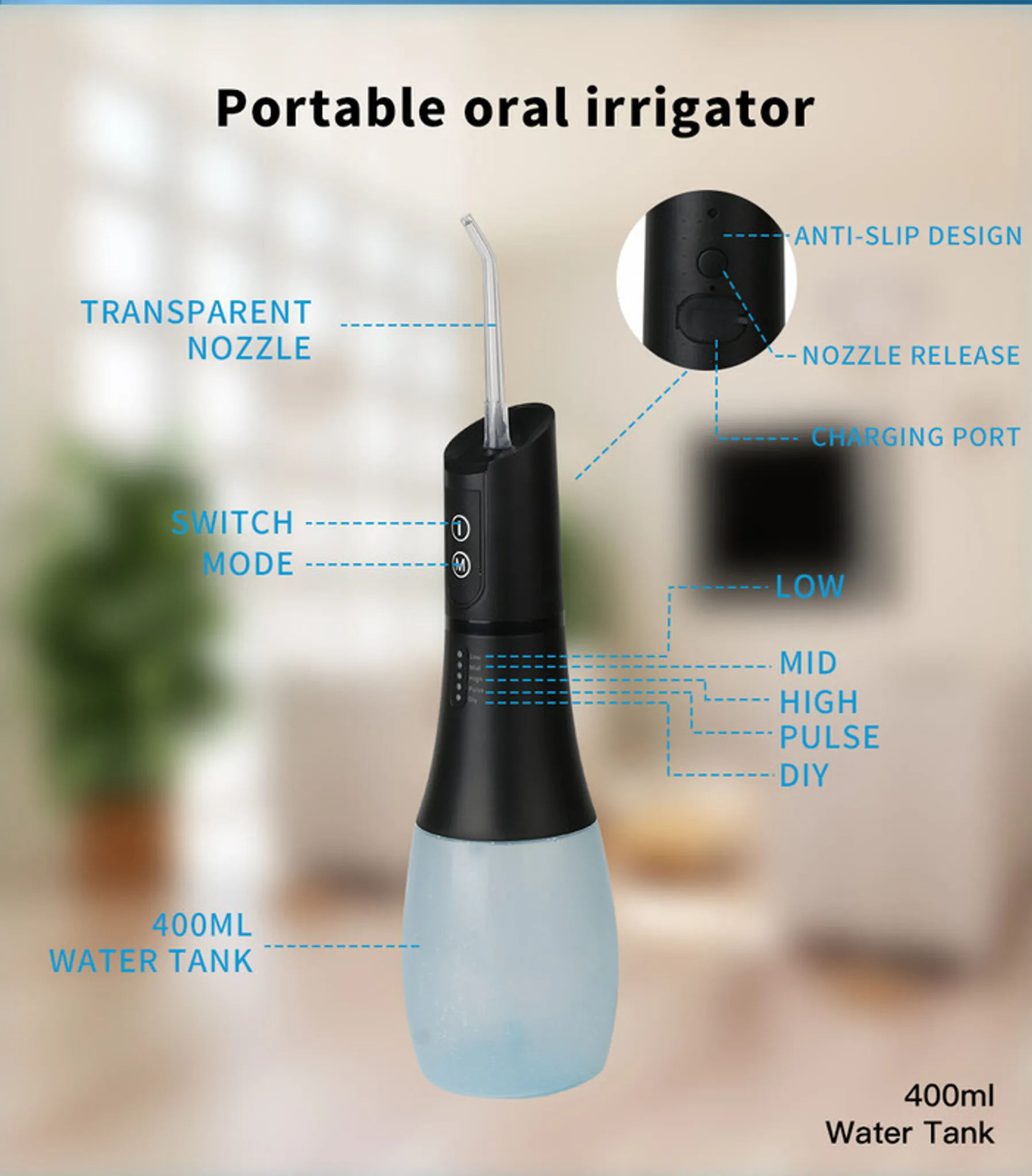 Tragbarer Munddusche mit 400ml Wassertank, transparentem Aufsatz und Moduseinstellungen.