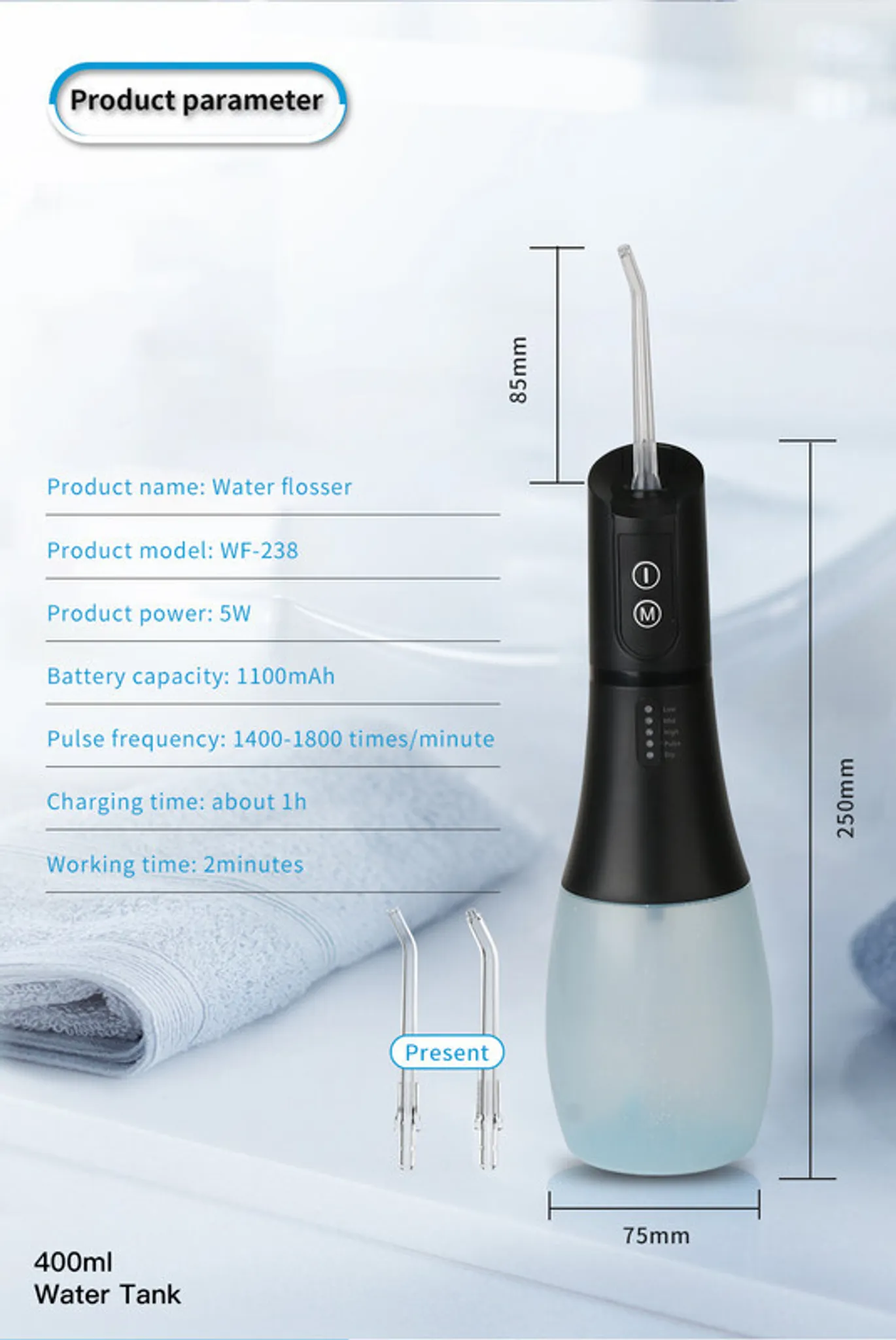 Ein schwarzer Wasserdraht-Flosser mit detaillierten Spezifikationen und Maßen.