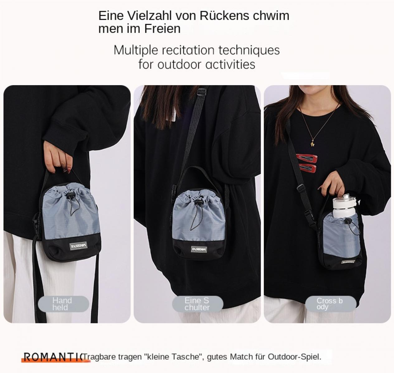 Personen tragen eine kleine graue Tasche auf verschiedene Arten: von Hand, über die Schulter, crossbody.