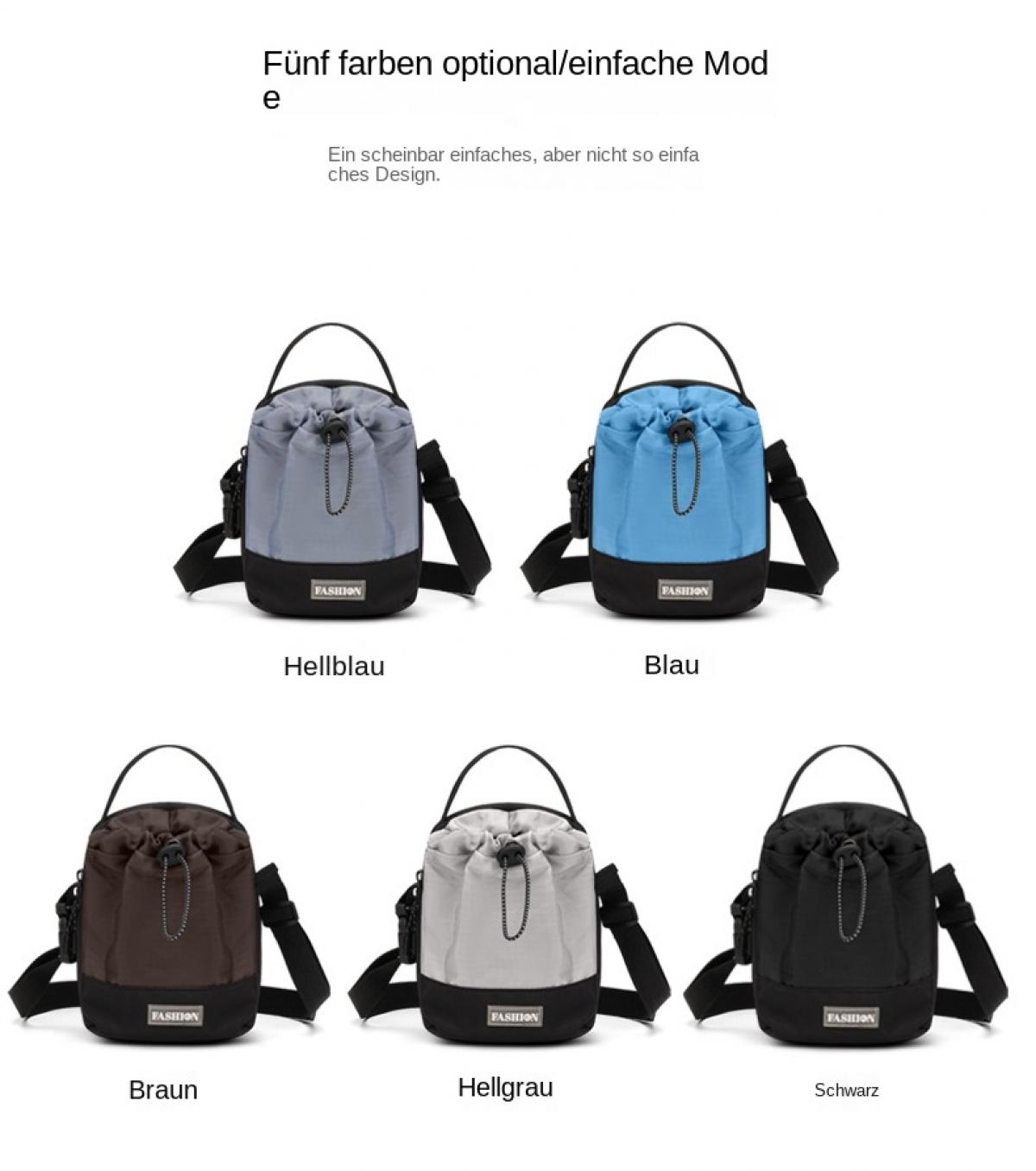 Fünf Beuteltaschen in verschiedenen Farben: Hellblau, Blau, Braun, Hellgrau, Schwarz.