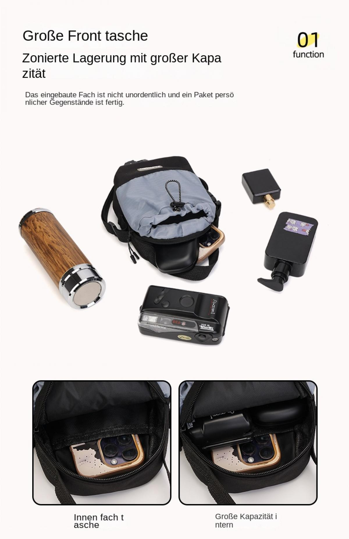 Eine Tasche mit einer Holzflasche, Kamera, und zwei schwarzen Behältern.