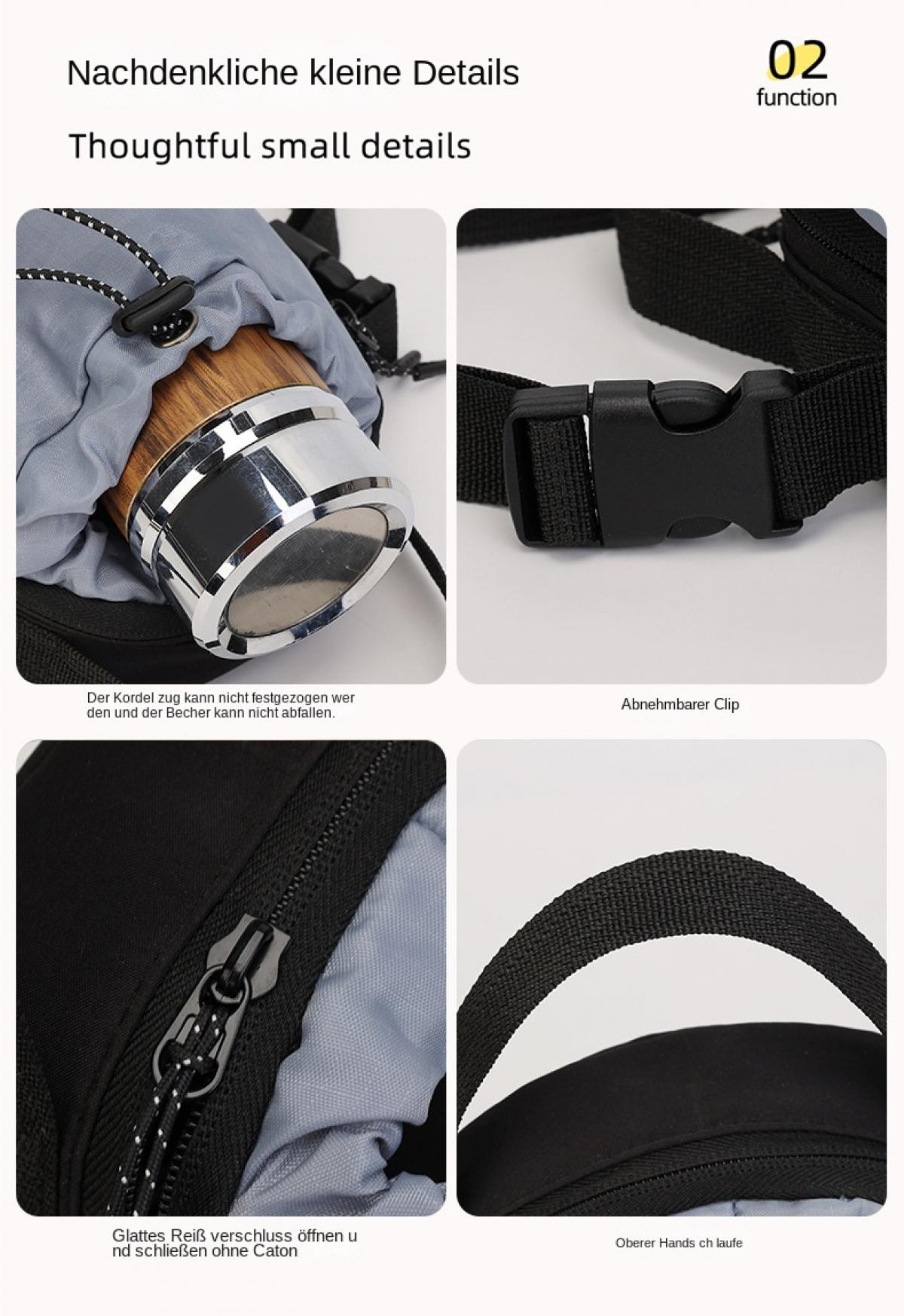 Details einer Tasche: Becher im Stoff, Schnalle, Reißverschluss, Tragegriff.