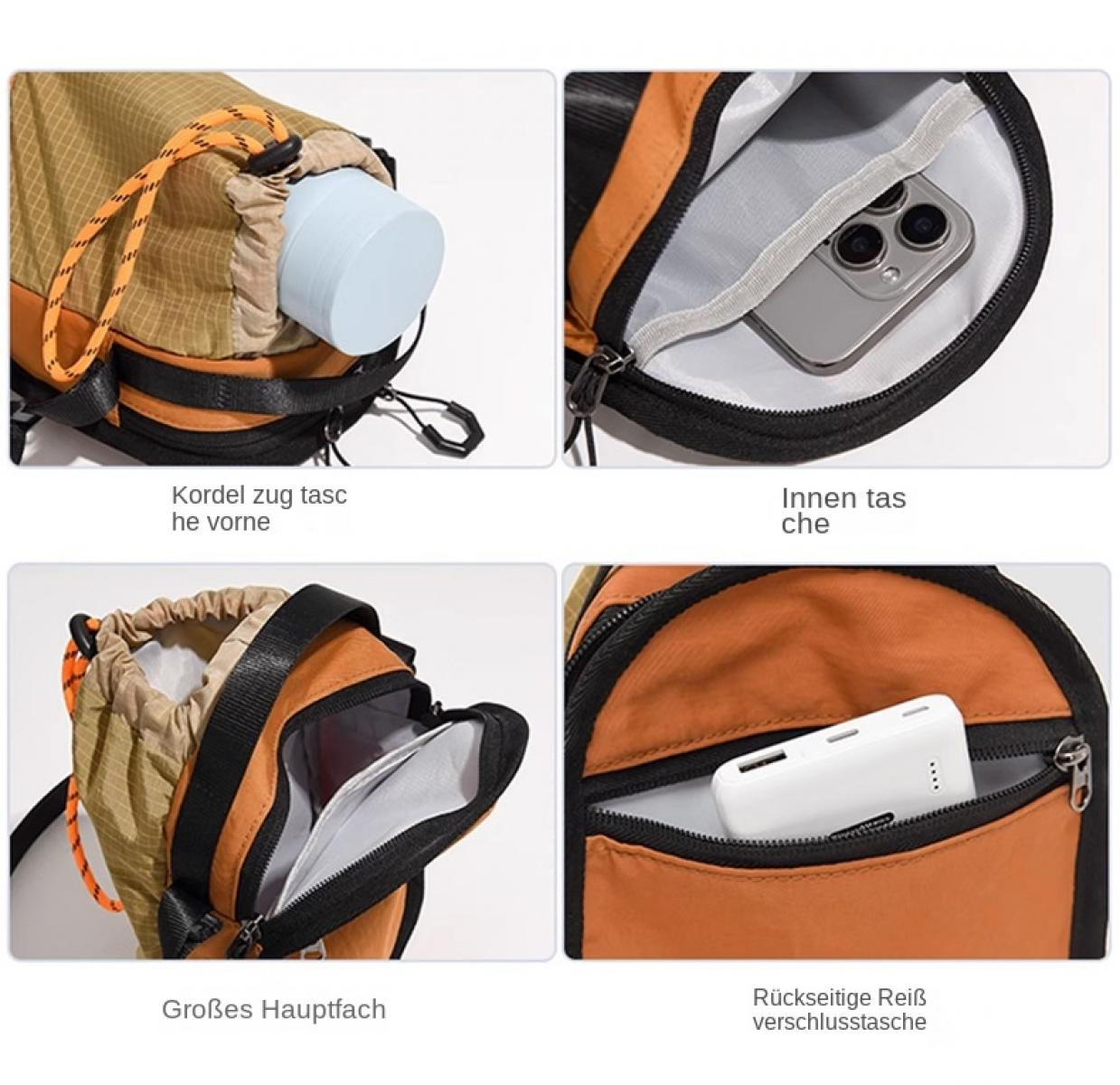 Vier Ansichten eines Rucksacks: Kordelzug, Innentasche mit Handy, großes Hauptfach, Rückentasche mit Powerbank.