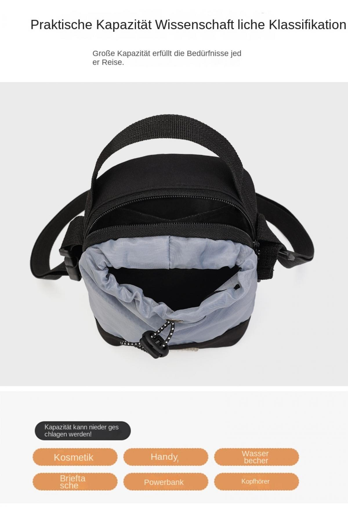 Schwarze und graue Tasche mit offenem Hauptfach und Kordelzug. Mehrere Fächer sind aufgeführt.