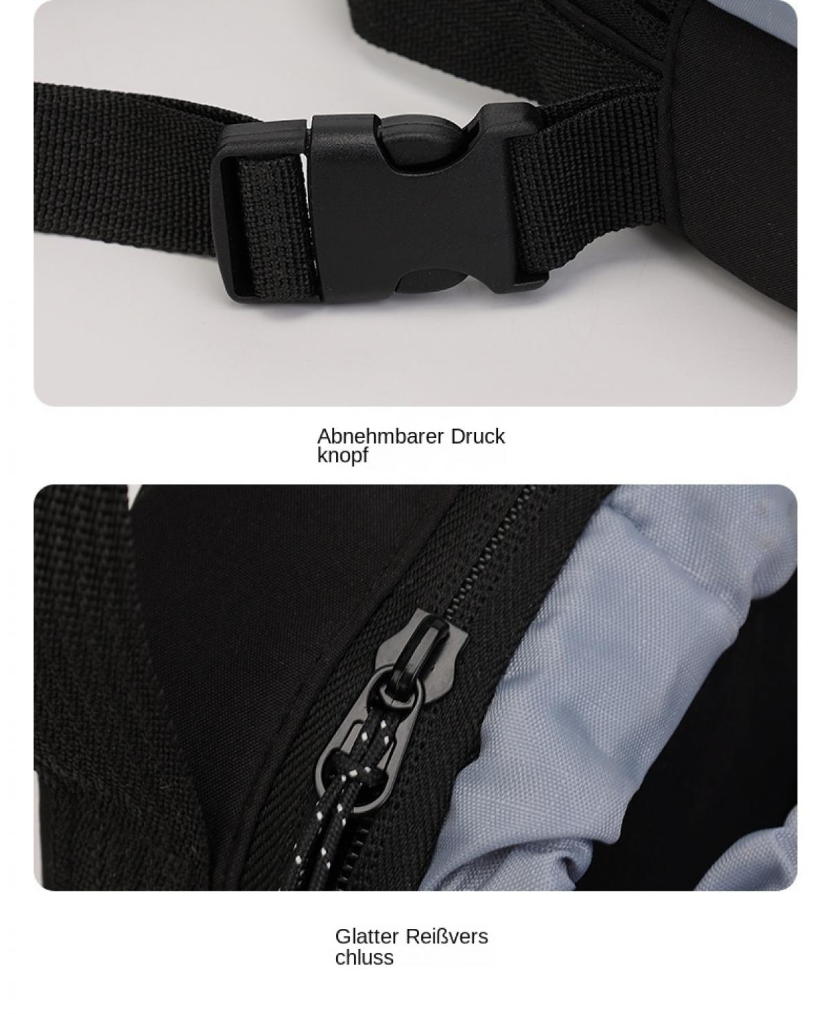 Nahaufnahme einer Schnalle und eines Reißverschlusses an einer Tasche.